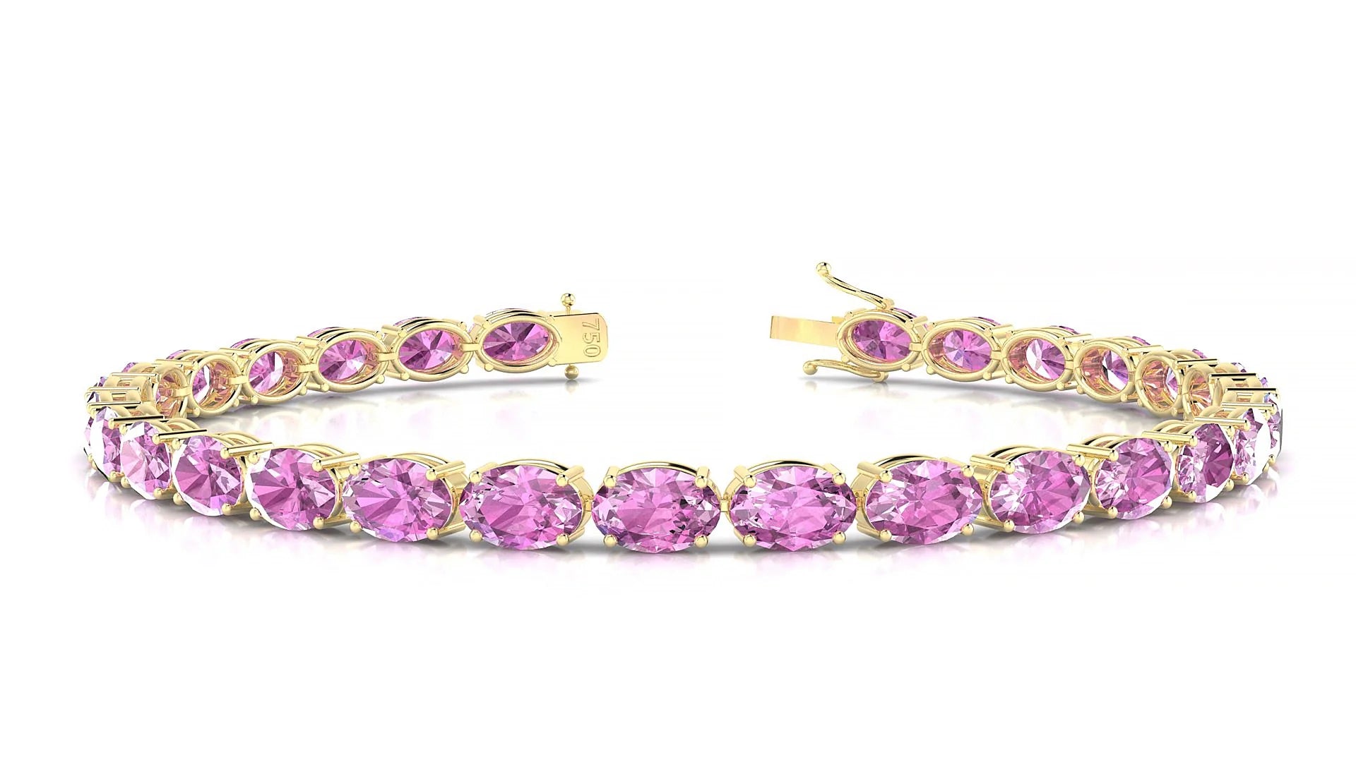 Pula | 18k Yellow Gold 6 x 4 mm Oval Natural Pink Sapphire 18 cm Tennis Bracelet