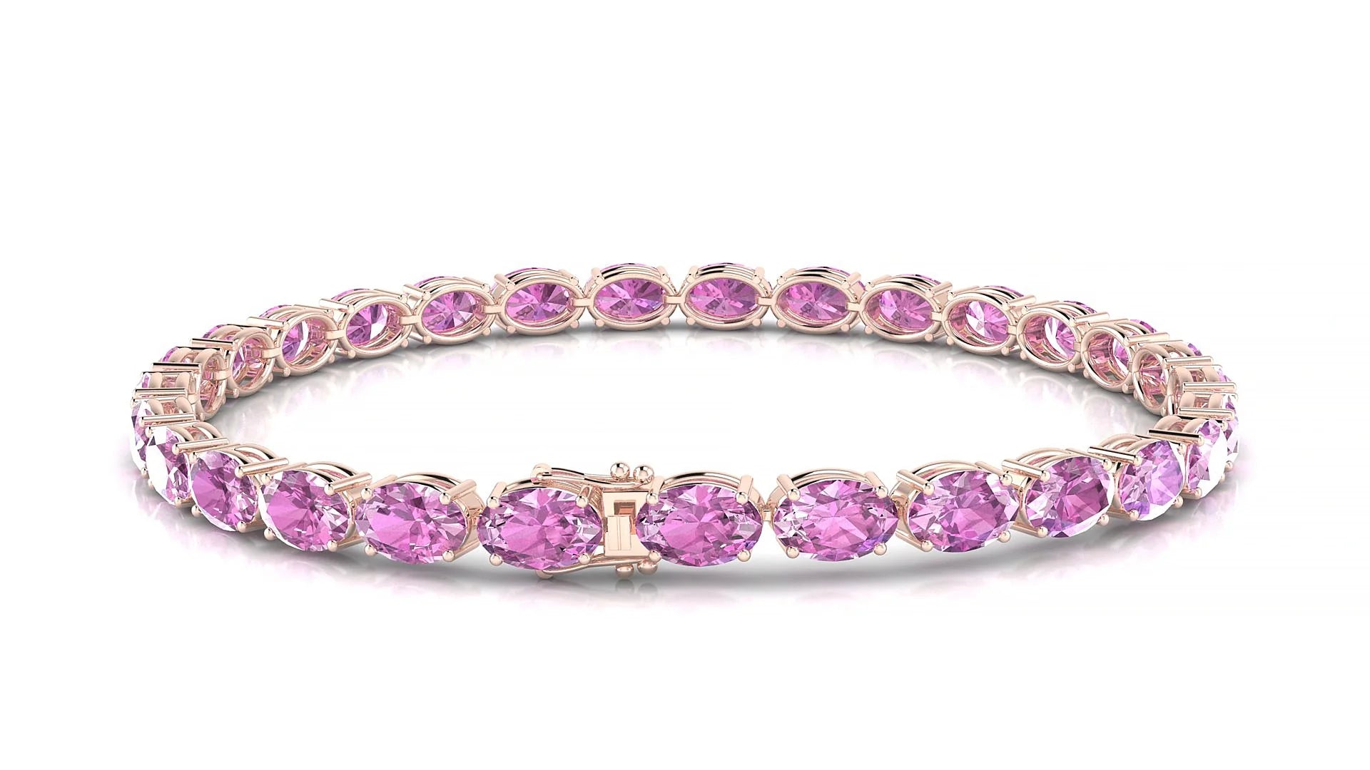 Pula | 18k Rose Gold 6 x 4 mm Oval Natural Pink Sapphire 18 cm Tennis Bracelet