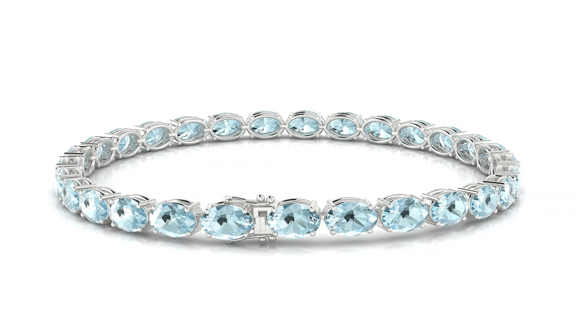 Pula | 18k White Gold 6 x 4 mm Oval Natural Aquamarine 18 cm Tennis Bracelet
