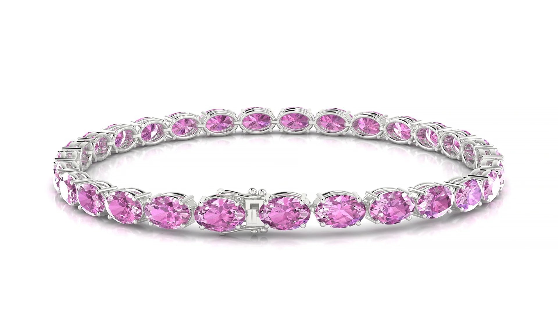 Pula | 18k White Gold 6 x 4 mm Oval Natural Pink Sapphire 18 cm Tennis Bracelet