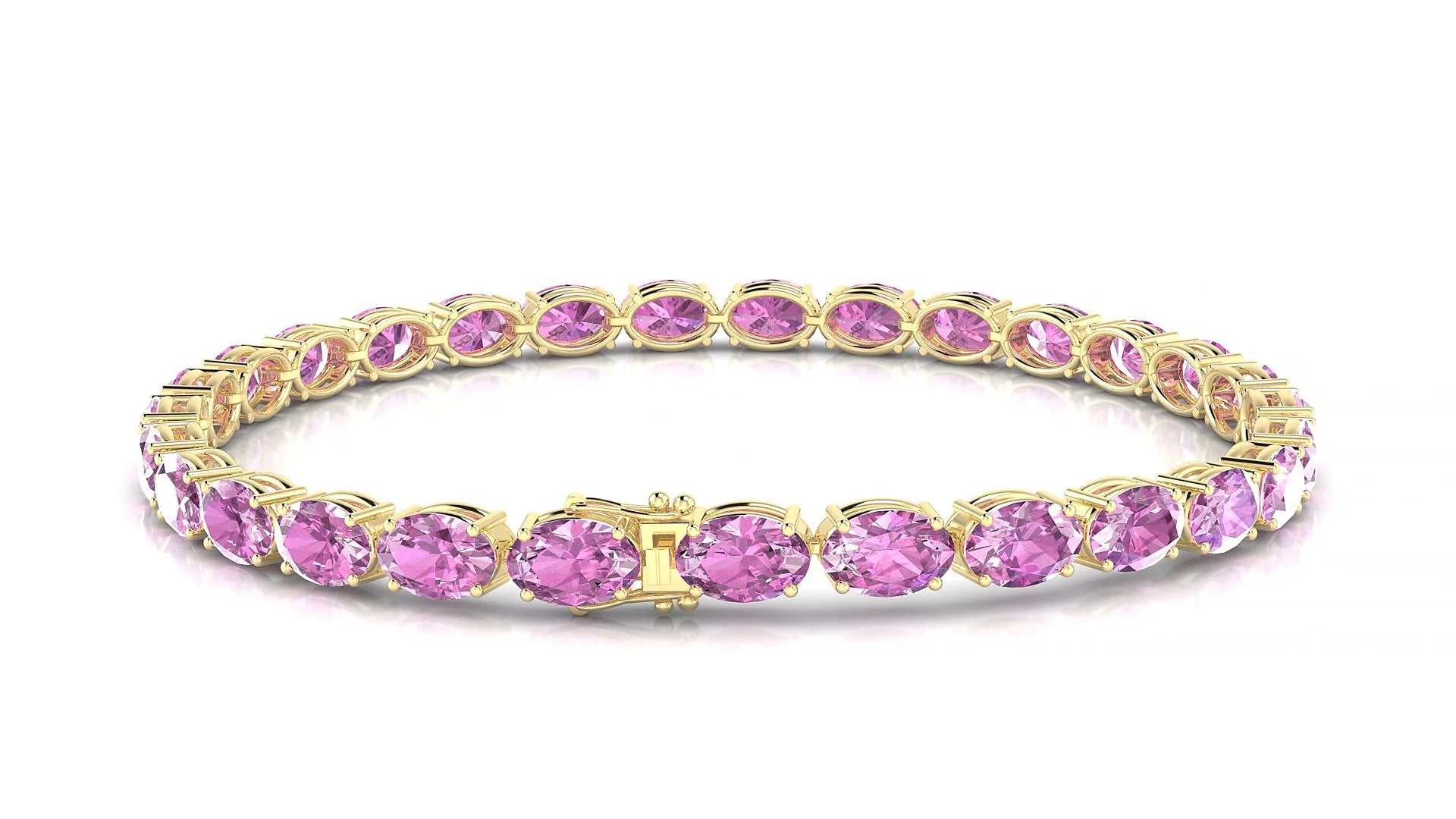 Pula | 18k Yellow Gold 6 x 4 mm Oval Natural Pink Sapphire 18 cm Tennis Bracelet
