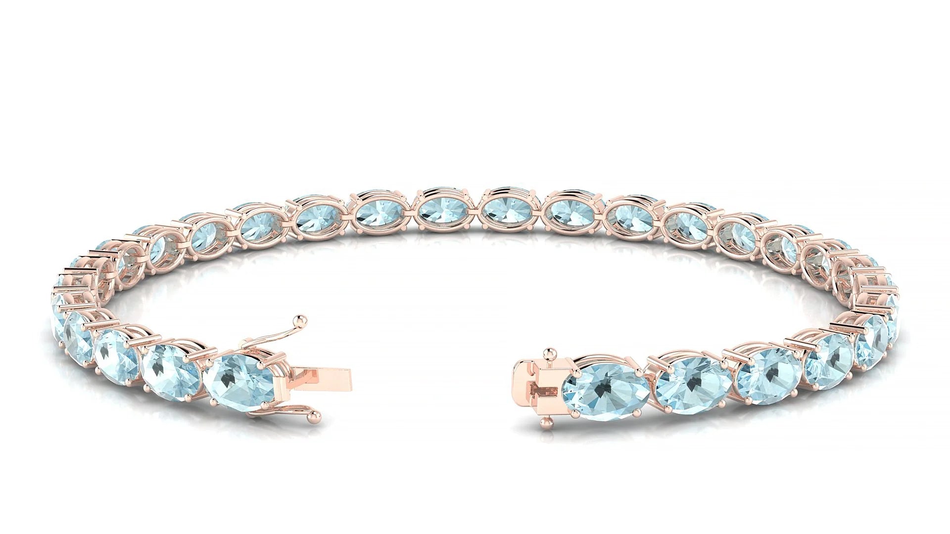 Pula | 18k Rose Gold 6 x 4 mm Oval Natural Aquamarine 18 cm Tennis Bracelet