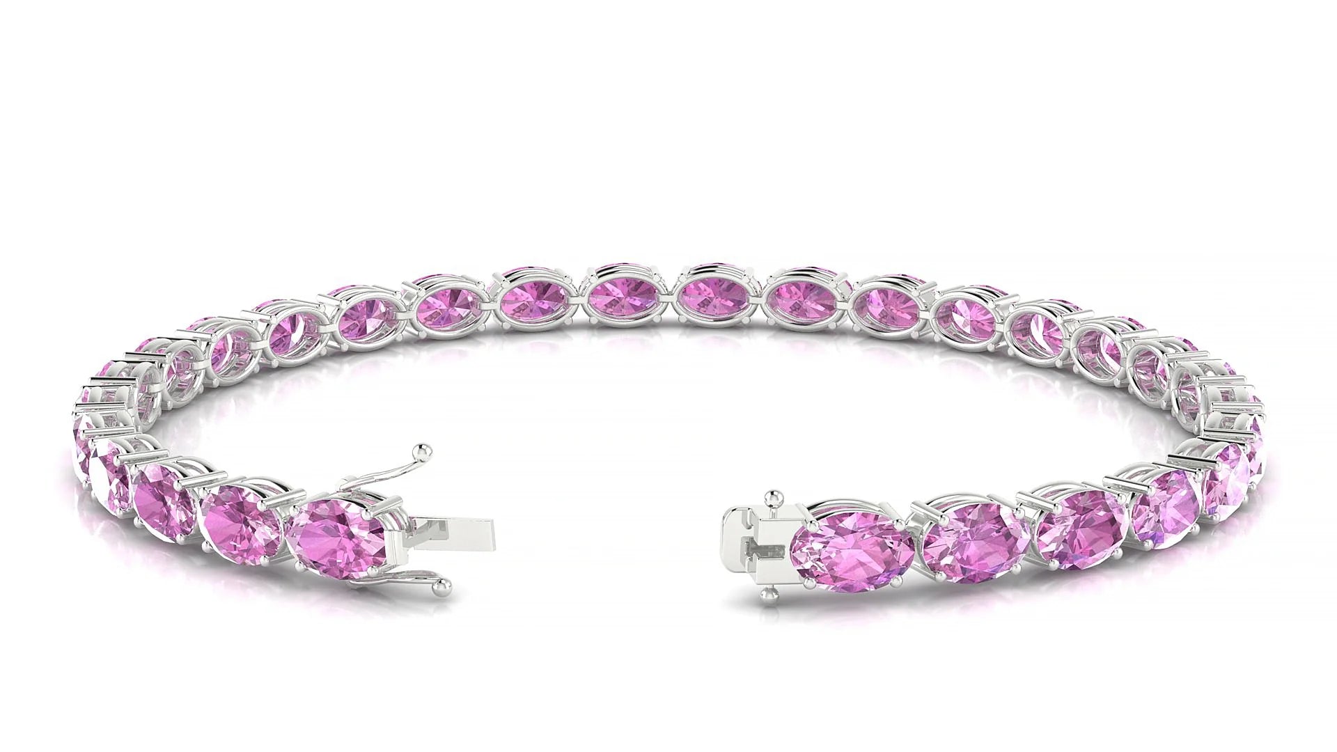 Pula | 18k White Gold 6 x 4 mm Oval Natural Pink Sapphire 18 cm Tennis Bracelet