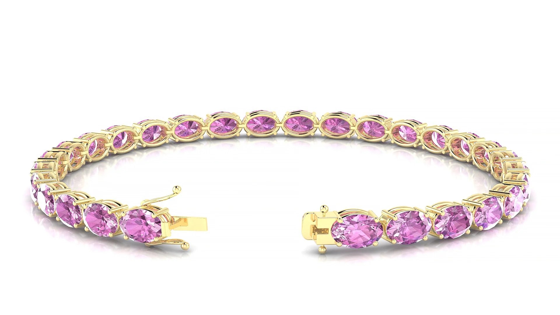 Pula | 18k Yellow Gold 6 x 4 mm Oval Natural Pink Sapphire 18 cm Tennis Bracelet