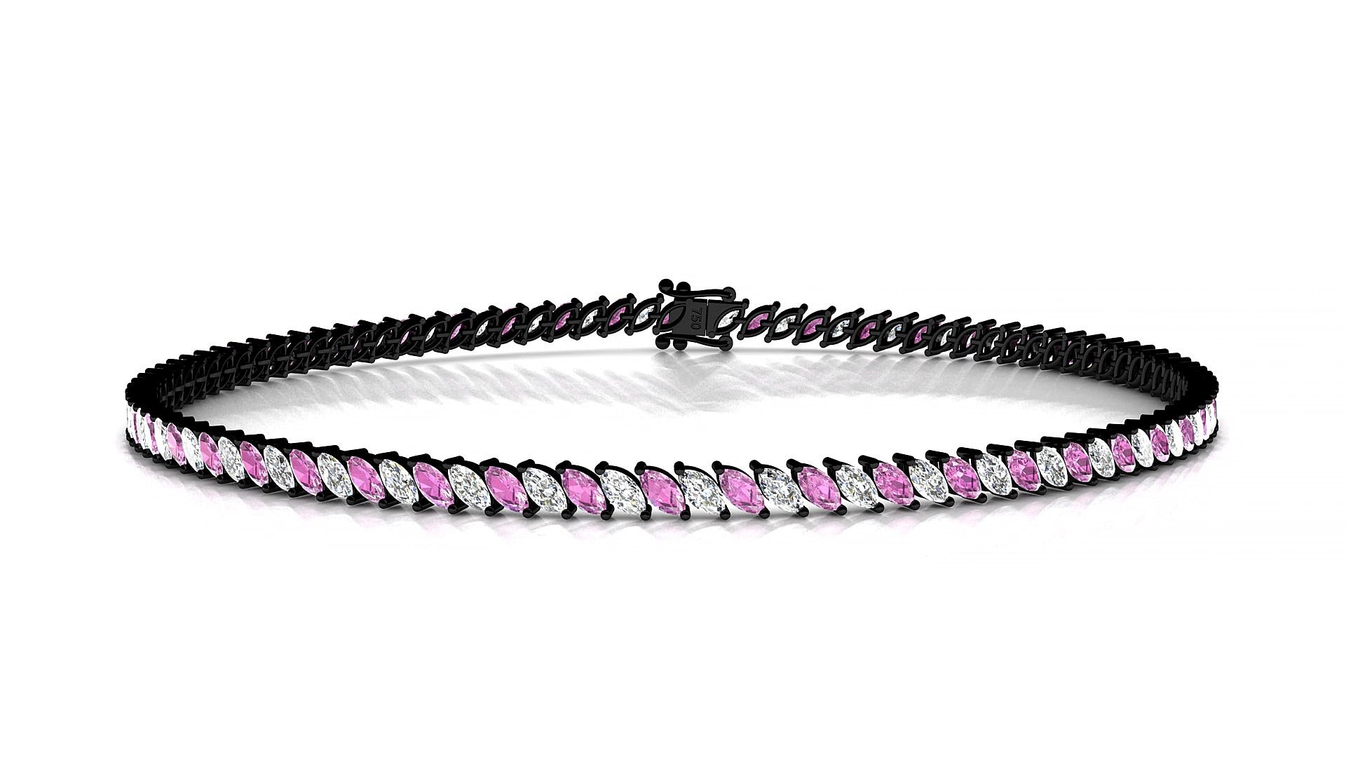 Venezia 1-1 | 18k Black Gold 3 x 1.5 mm Marquise Natural Pink Sapphire & Diamond 17 cm Tennis Bracelet