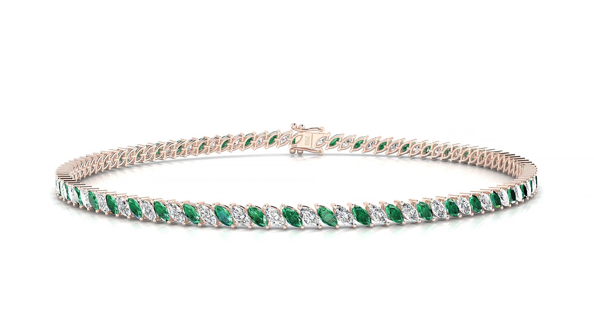 Venezia 1-1 | 18k Rose Gold 3 x 1.5 mm Marquise Natural Emerald & Diamond 15 cm Tennis Bracelet