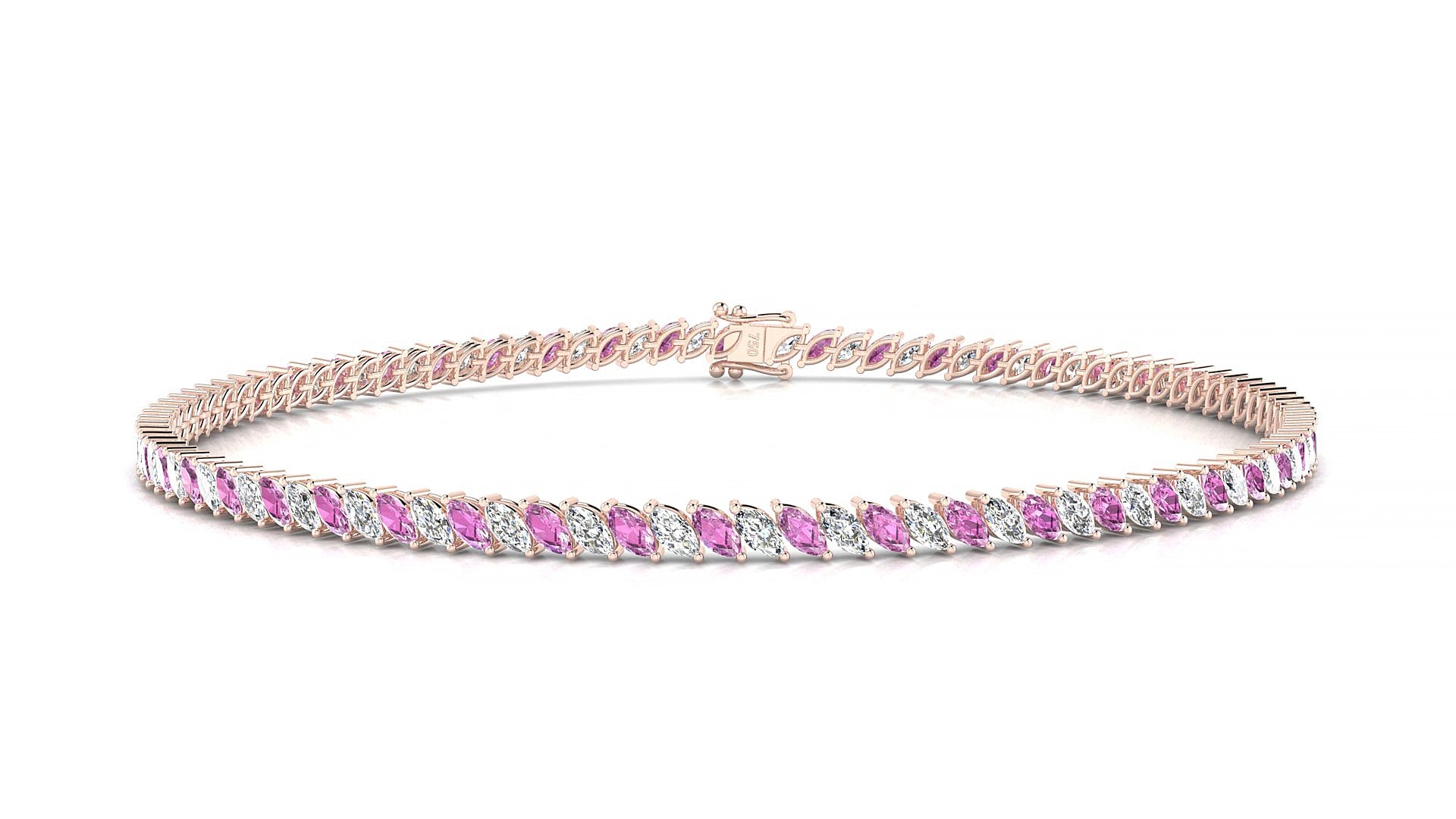 Venezia 1-1 | 18k Rose Gold 3 x 1.5 mm Marquise Natural Pink Sapphire & Diamond 18 cm Tennis Bracelet
