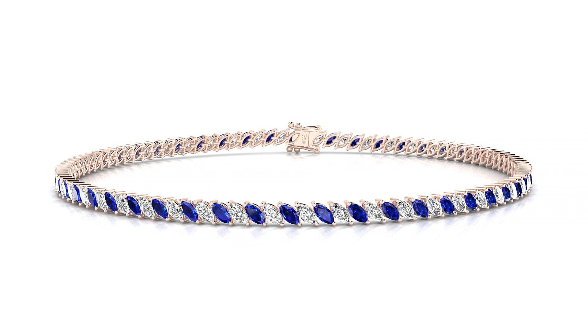 Venezia 1-1 | 18k Rose Gold 3 x 1.5 mm Marquise Natural Sapphire & Diamond 18 cm Tennis Bracelet