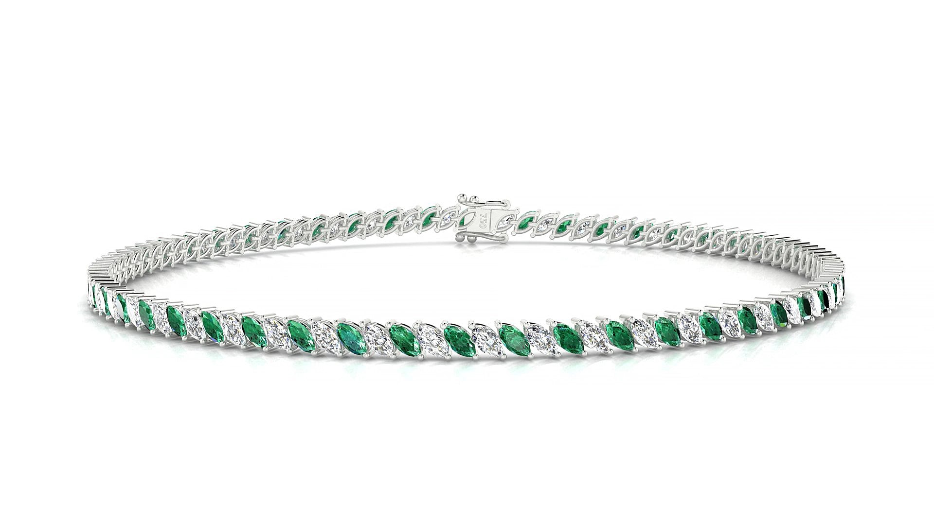 Venezia 1-1 | 18k White Gold 3 x 1.5 mm Marquise Natural Emerald & Diamond 17 cm Tennis Bracelet