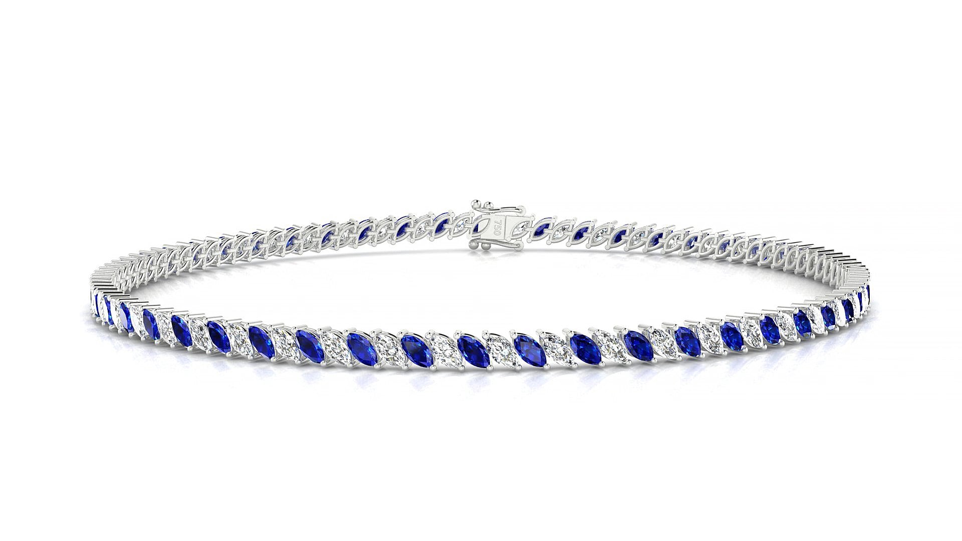 Venezia 1-1 | 18k White Gold 3 x 1.5 mm Marquise Natural Sapphire & Diamond 15 cm Tennis Bracelet