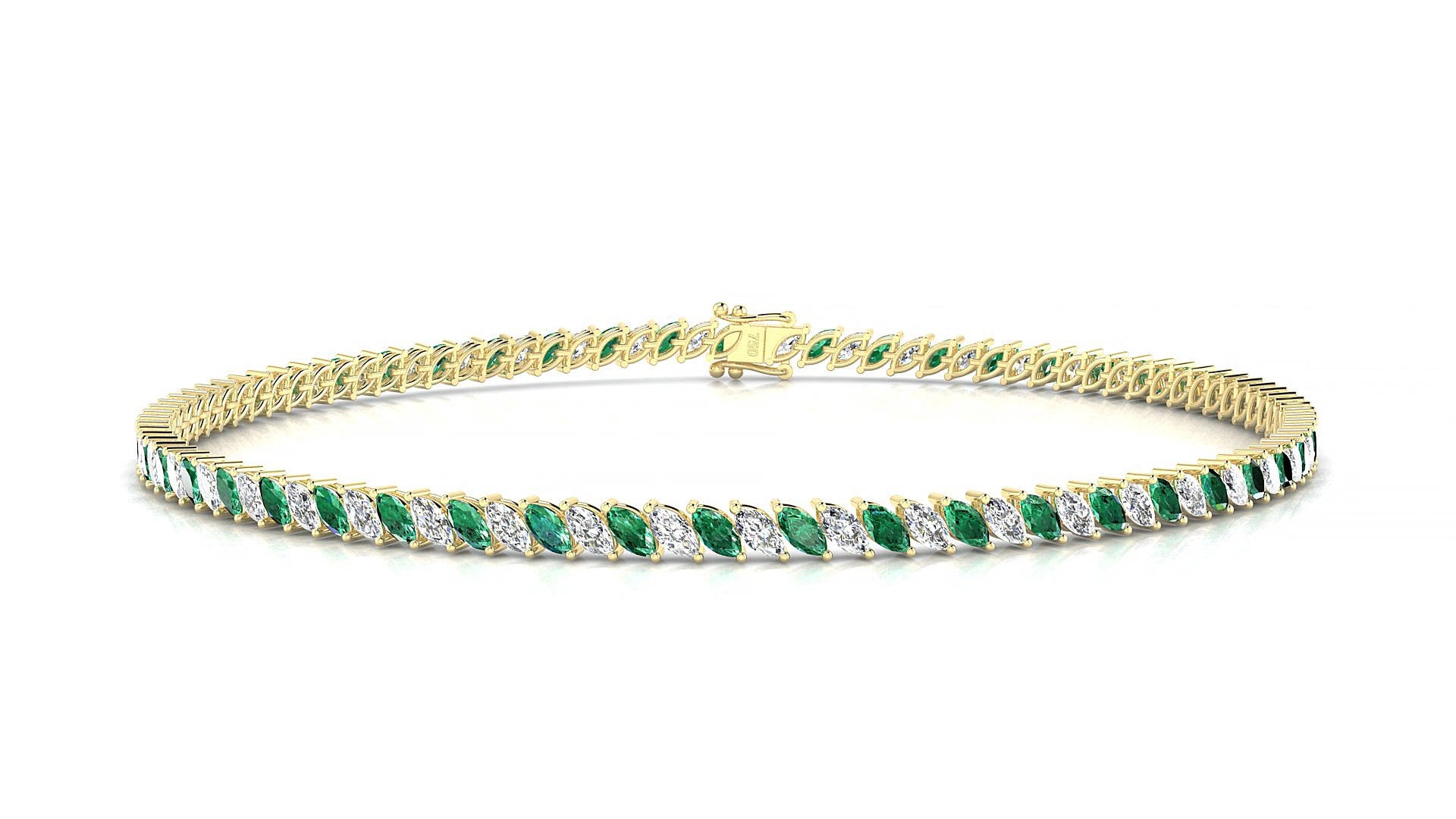 Venezia 1-1 | 18k Yellow Gold 3 x 1.5 mm Marquise Natural Emerald & Diamond 19 cm Tennis Bracelet