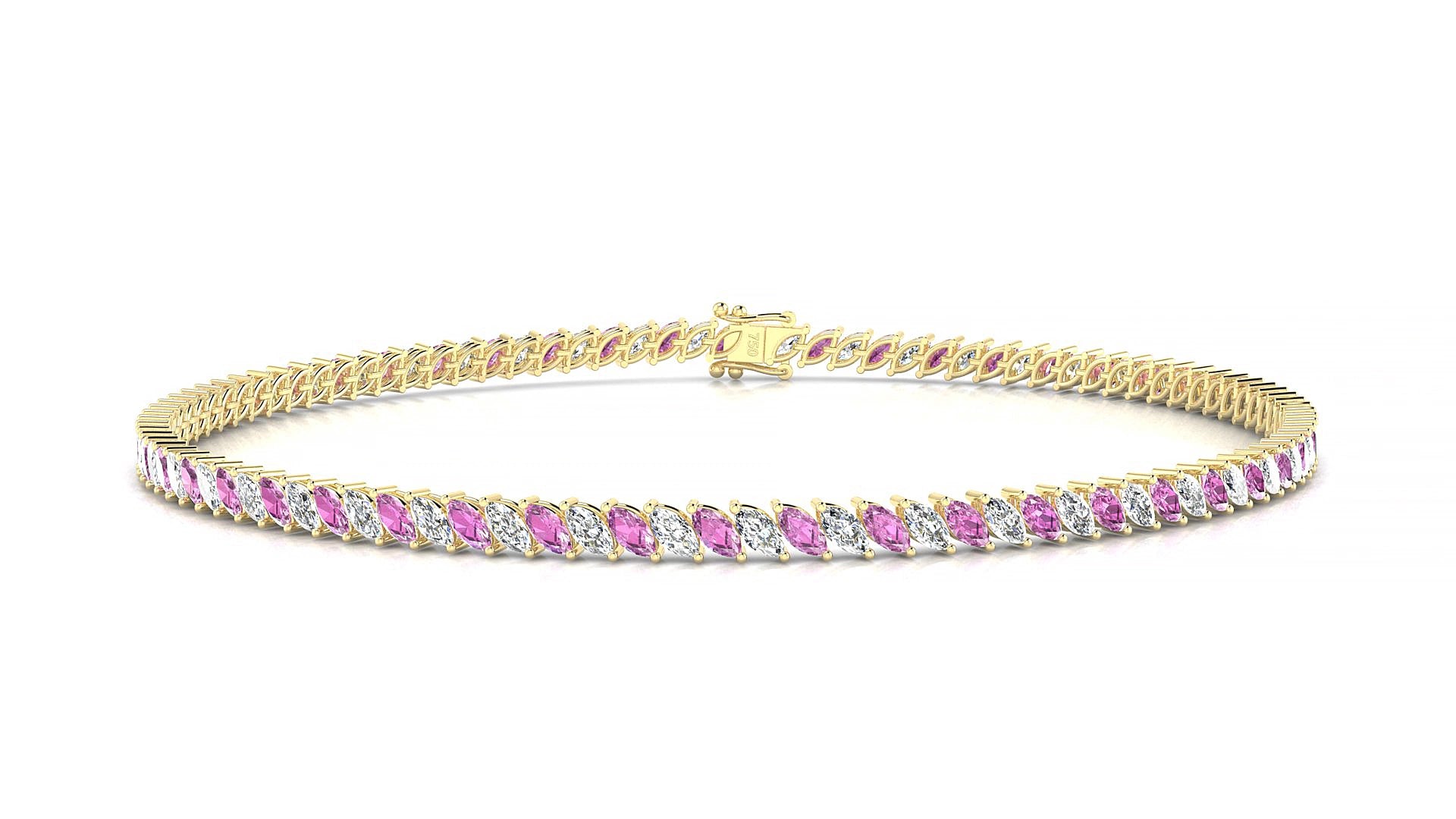 Venezia 1-1 | 18k Yellow Gold 3 x 1.5 mm Marquise Natural Pink Sapphire & Diamond 15 cm Tennis Bracelet
