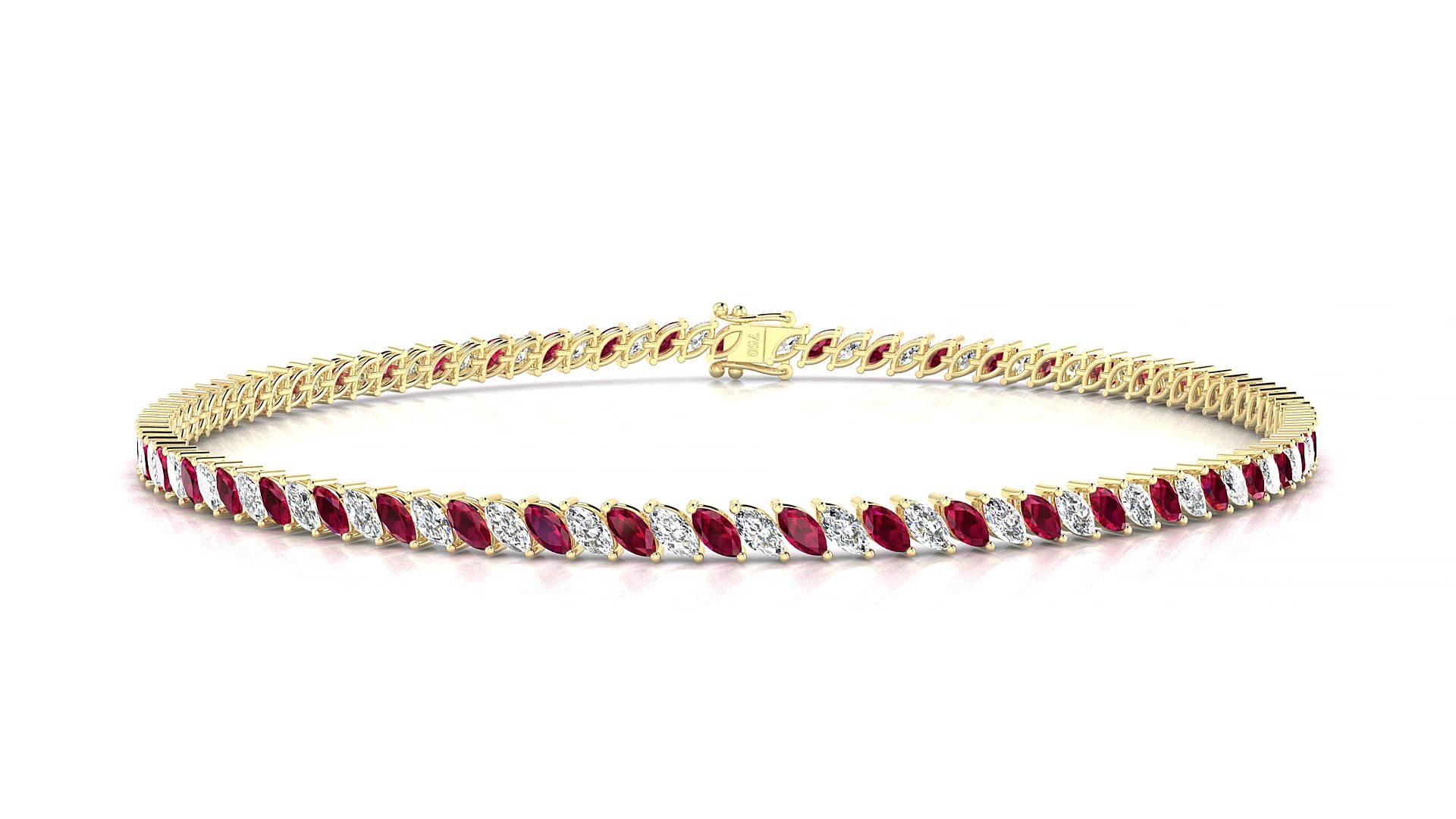 Venezia 1-1 | 18k Yellow Gold 3 x 1.5 mm Marquise Natural Ruby & Diamond 19 cm Tennis Bracelet