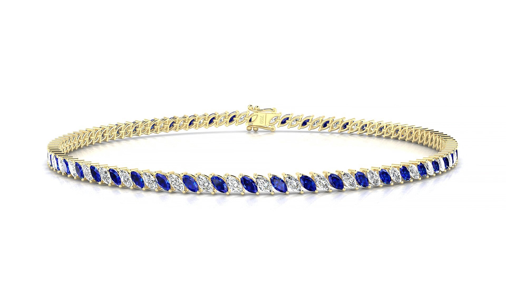 Venezia 1-1 | 18k Yellow Gold 3 x 1.5 mm Marquise Natural Sapphire & Diamond 15 cm Tennis Bracelet