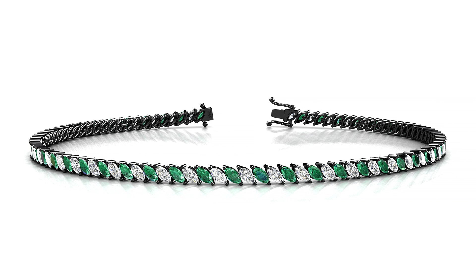 Venezia 1-1 | 18k Black Gold 3 x 1.5 mm Marquise Natural Emerald & Diamond 15 cm Tennis Bracelet