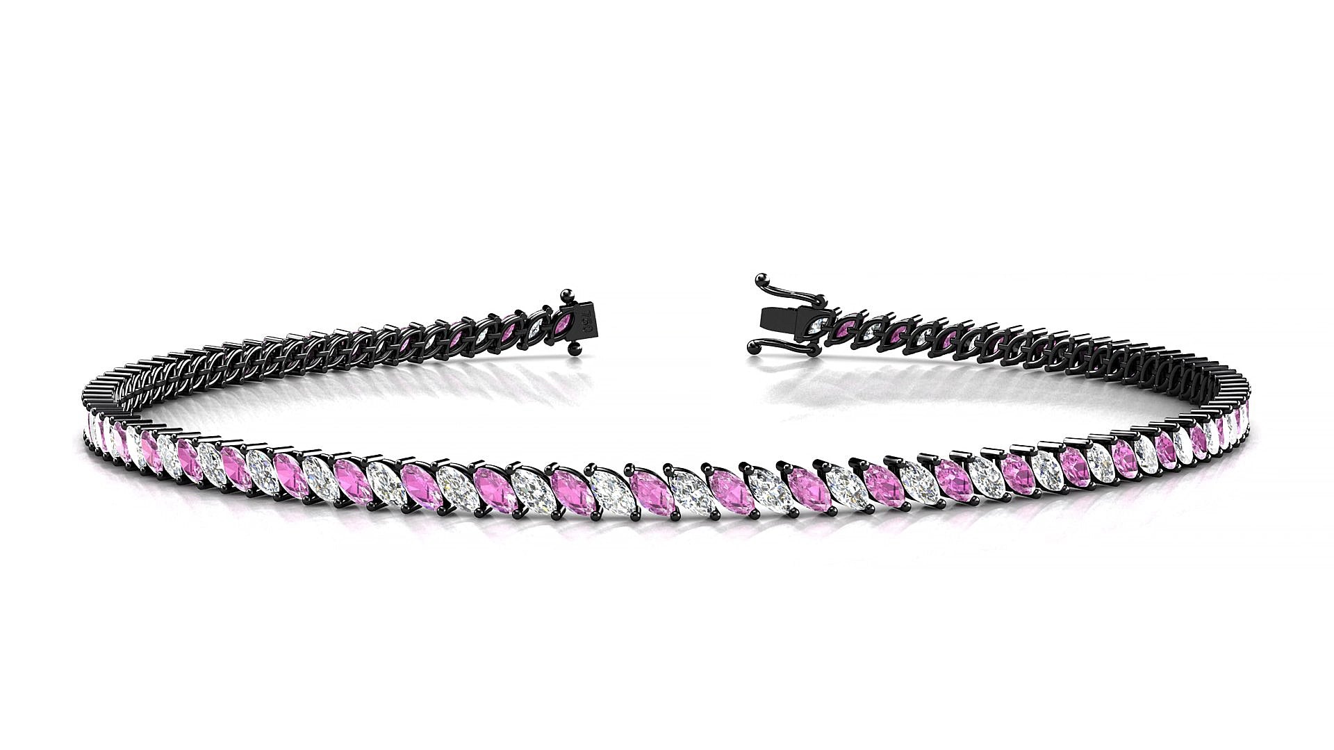 Venezia 1-1 | 18k Black Gold 3 x 1.5 mm Marquise Natural Pink Sapphire & Diamond 15 cm Tennis Bracelet