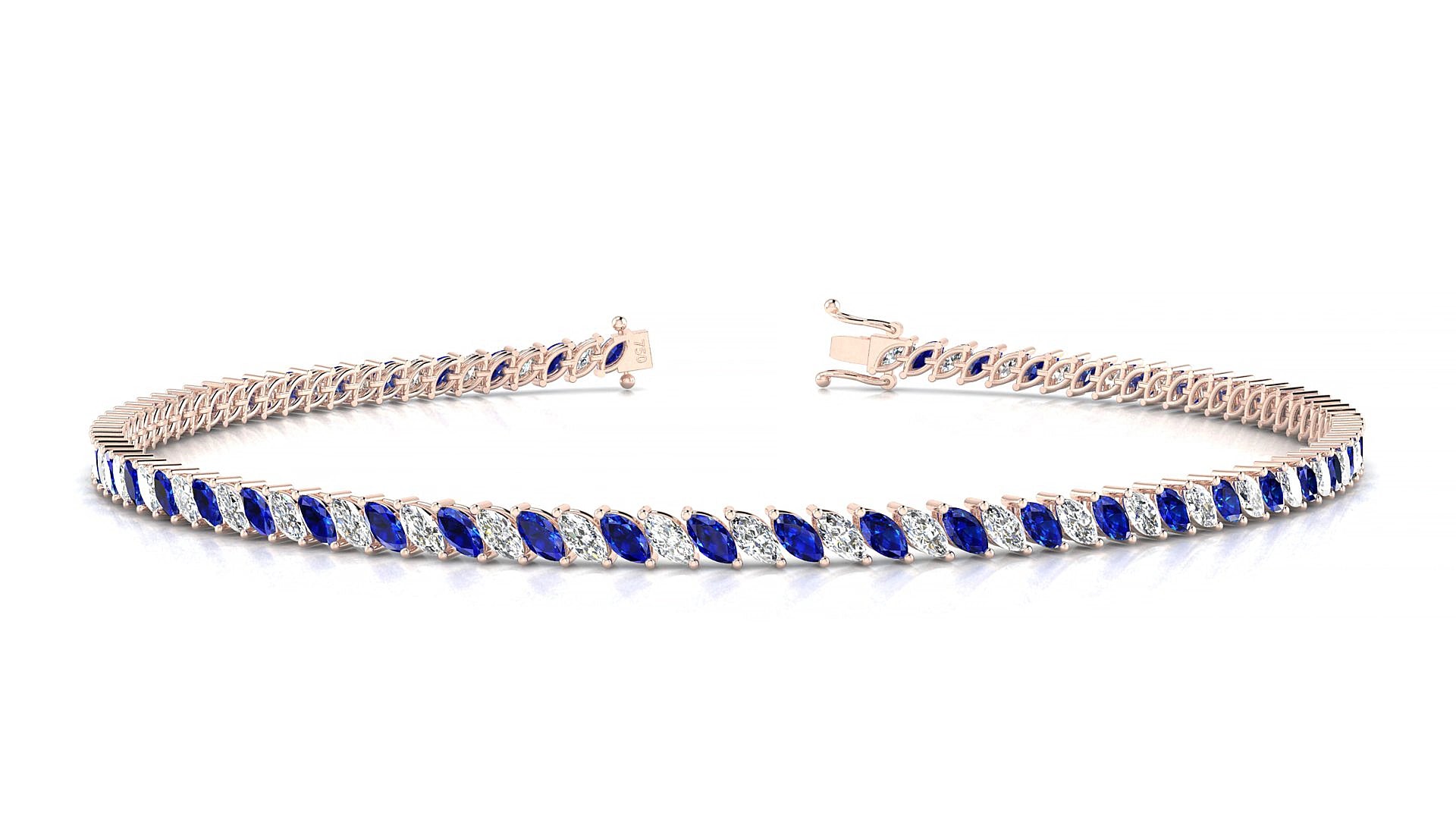 Venezia 1-1 | 18k Rose Gold 3 x 1.5 mm Marquise Natural Sapphire & Diamond 16 cm Tennis Bracelet