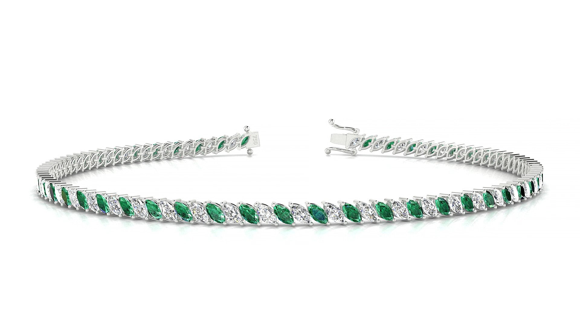 Venezia 1-1 | 18k White Gold 3 x 1.5 mm Marquise Natural Emerald & Diamond 19 cm Tennis Bracelet