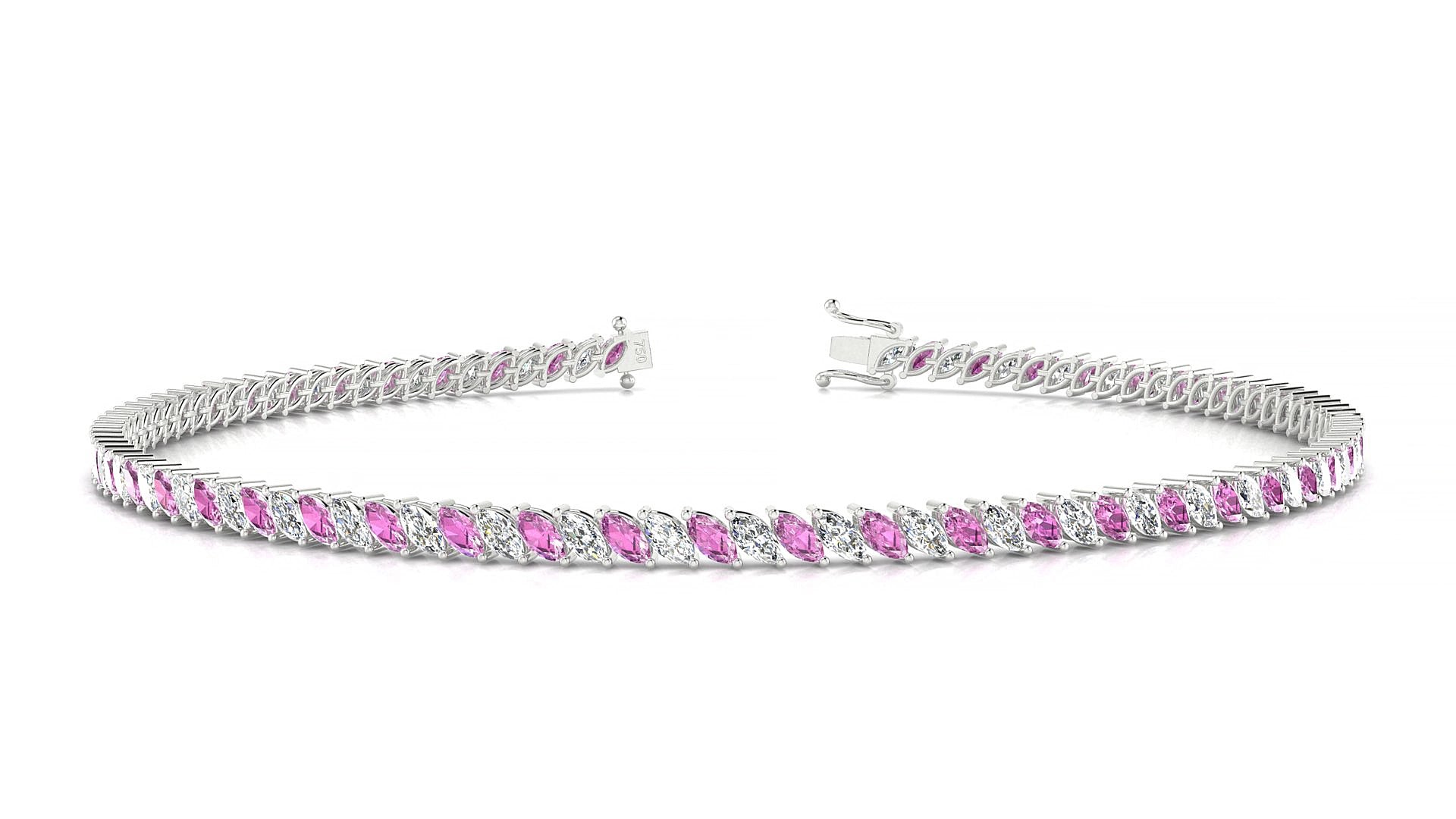 Venezia 1-1 | 18k White Gold 3 x 1.5 mm Marquise Natural Pink Sapphire & Diamond 18 cm Tennis Bracelet