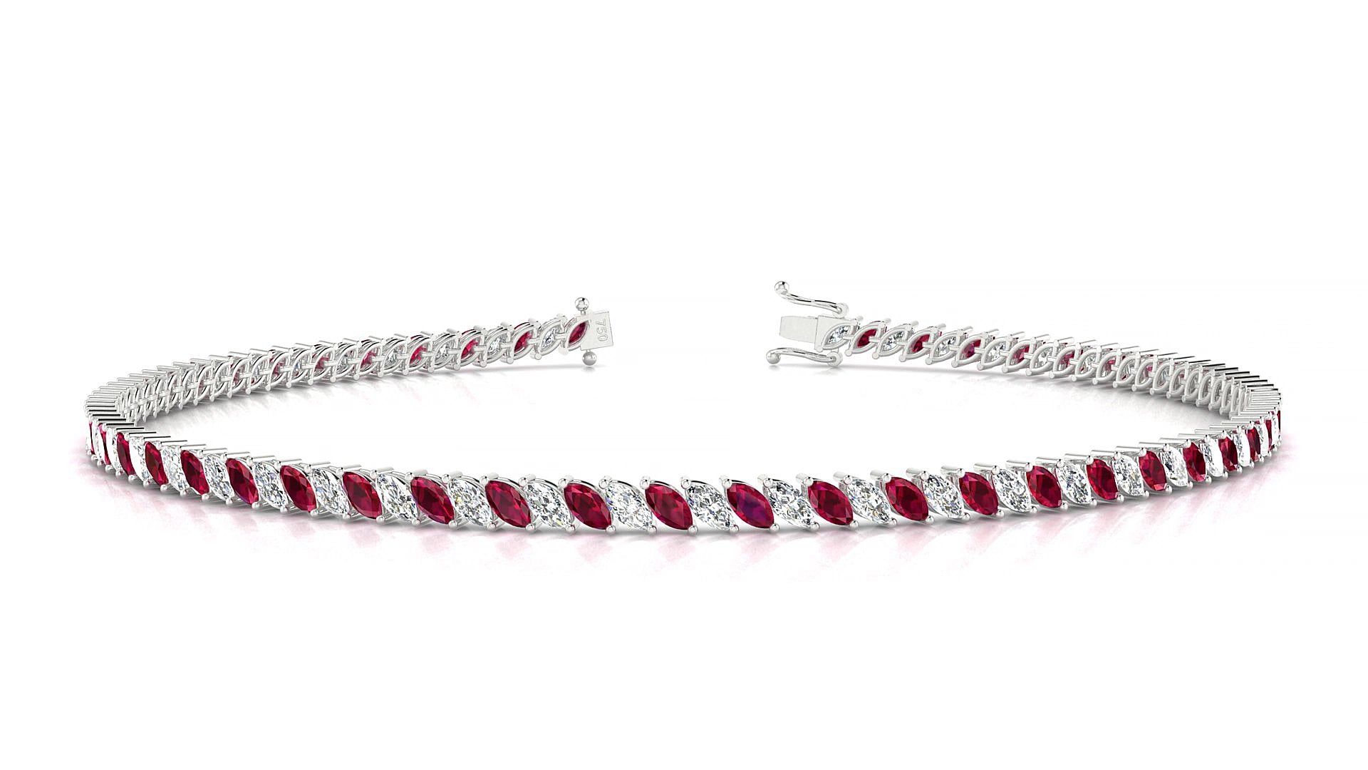 Venezia 1-1 | 18k White Gold 3 x 1.5 mm Marquise Natural Ruby & Diamond 19 cm Tennis Bracelet