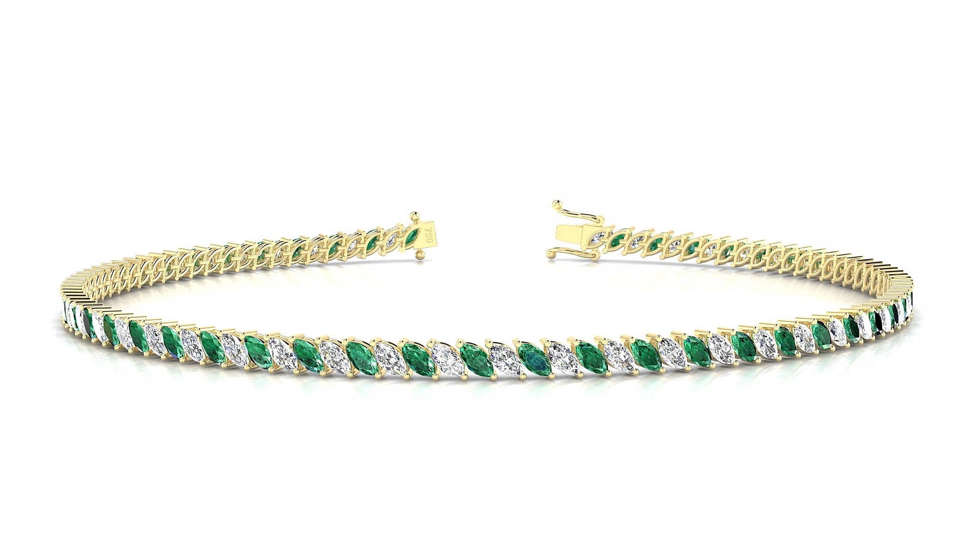 Venezia 1-1 | 18k Yellow Gold 3 x 1.5 mm Marquise Natural Emerald & Diamond 16 cm Tennis Bracelet