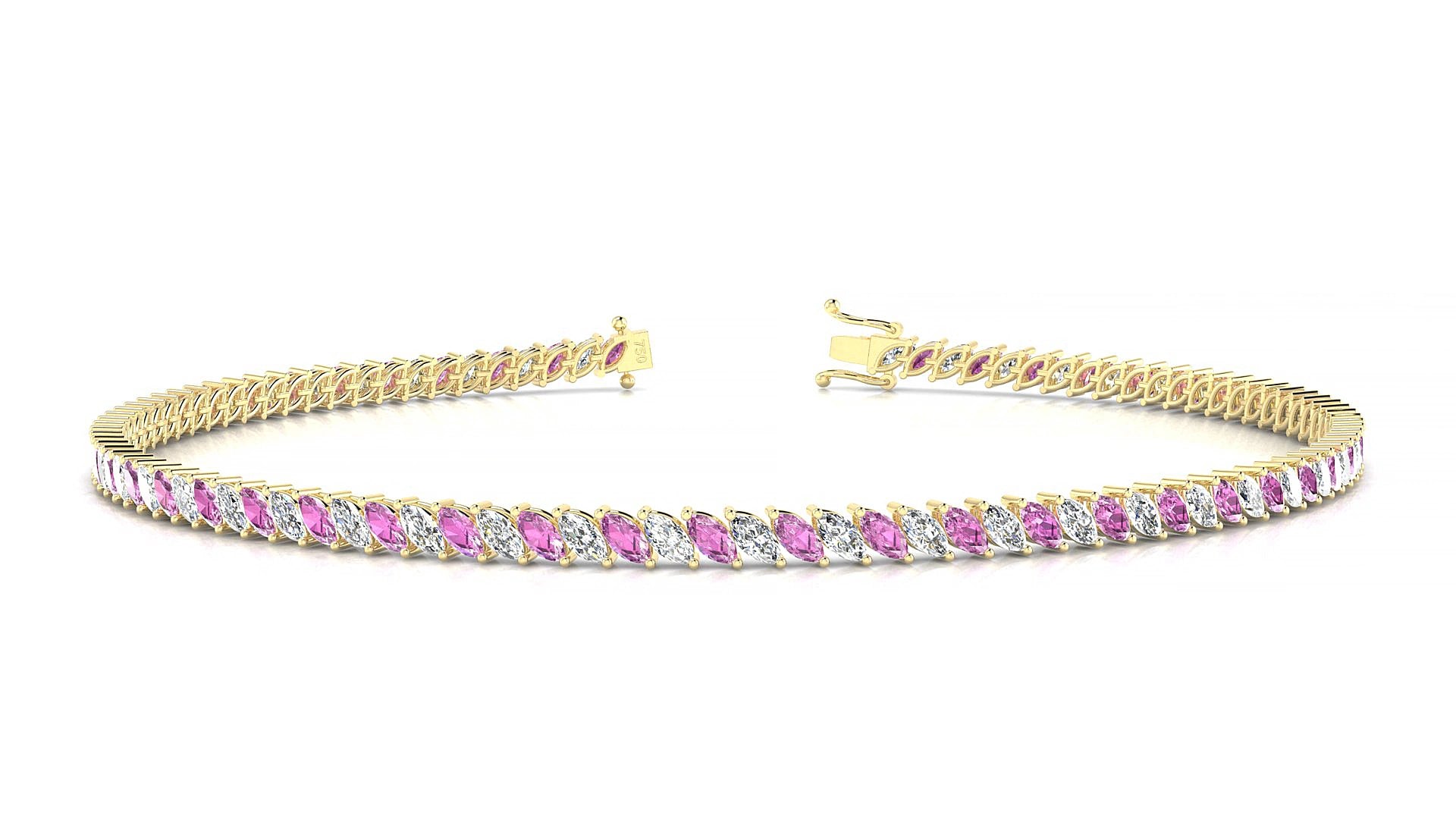 Venezia 1-1 | 18k Yellow Gold 3 x 1.5 mm Marquise Natural Pink Sapphire & Diamond 20 cm Tennis Bracelet