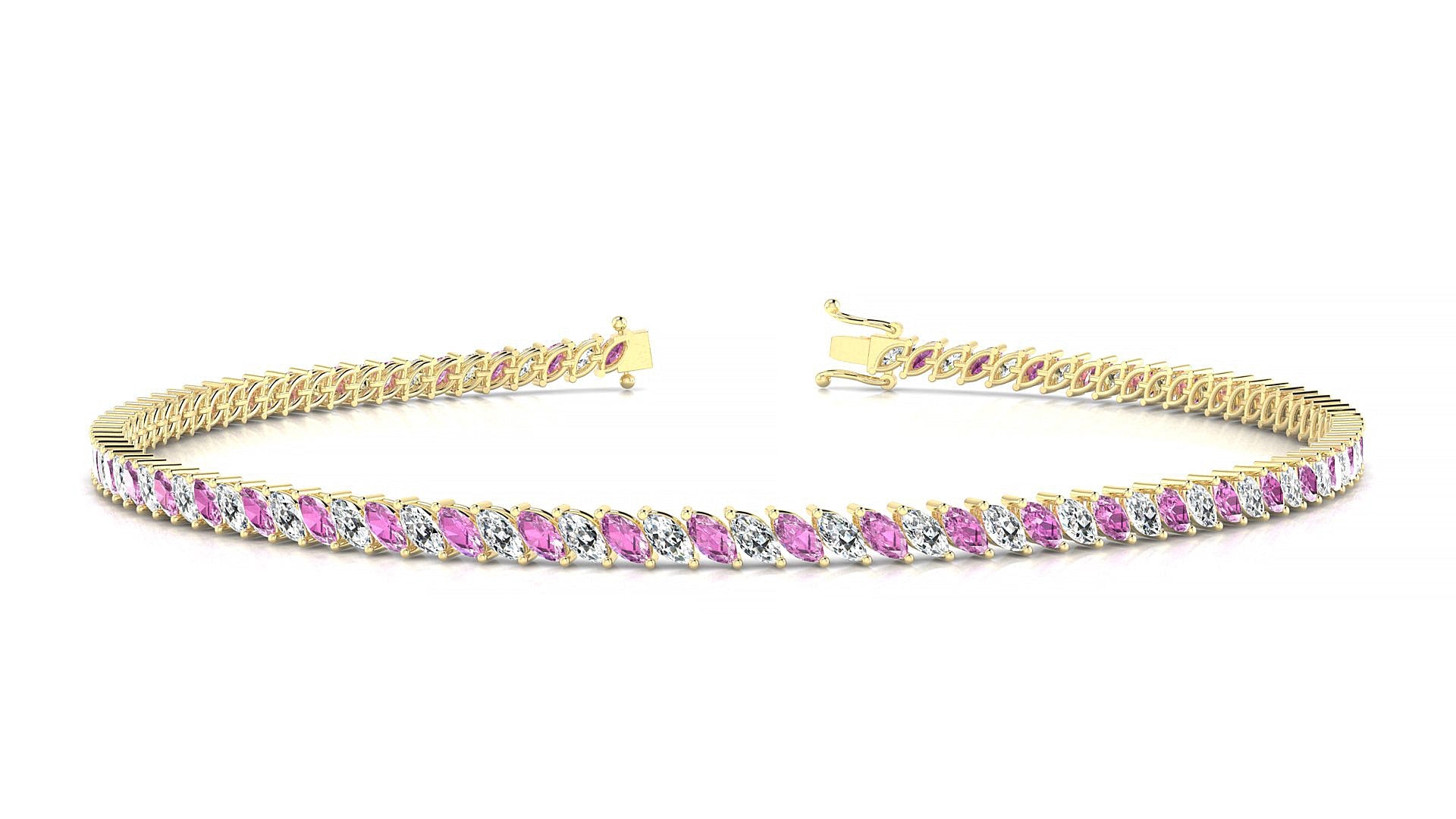 Venezia 1-1 | 18k Yellow Gold 3 x 1.5 mm Marquise Natural Pink Sapphire & Diamond Tennis Bracelet