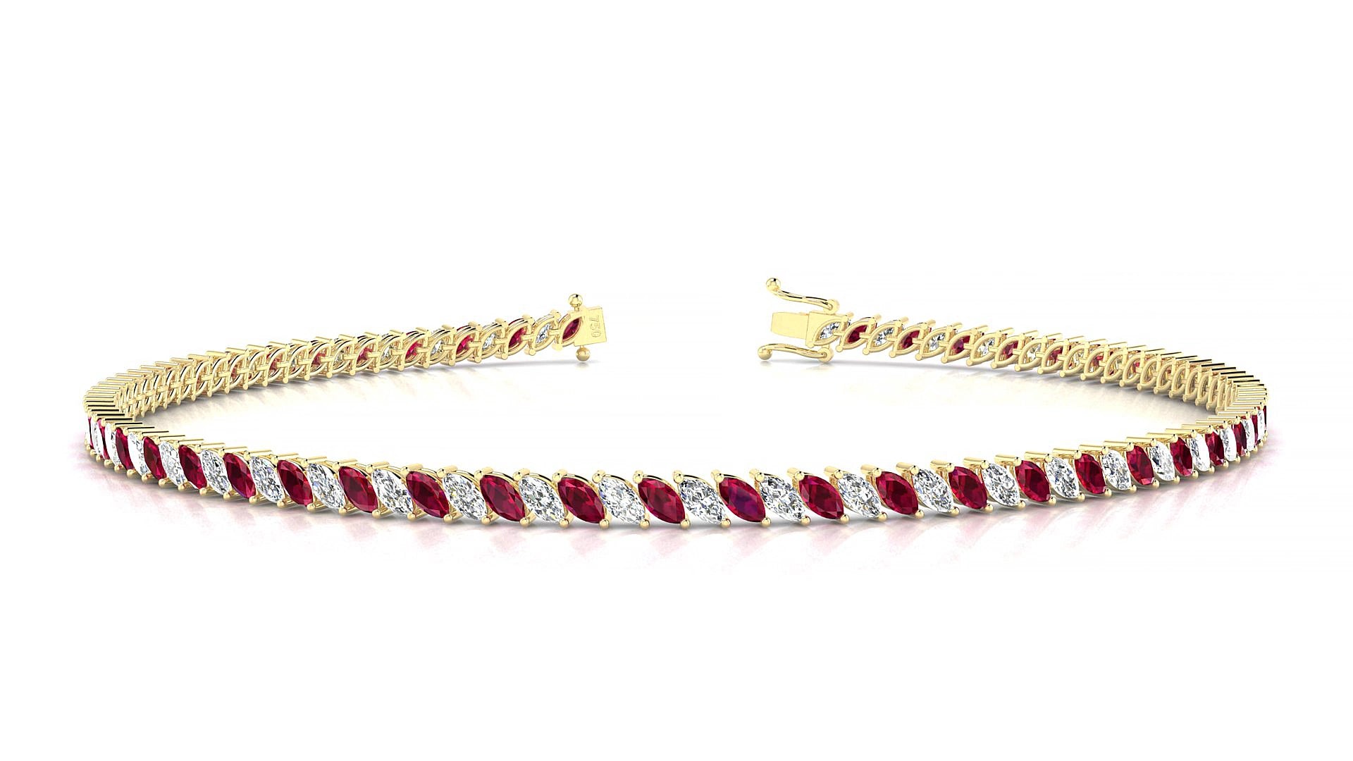 Venezia 1-1 | 18k Yellow Gold 3 x 1.5 mm Marquise Natural Ruby & Diamond 19 cm Tennis Bracelet