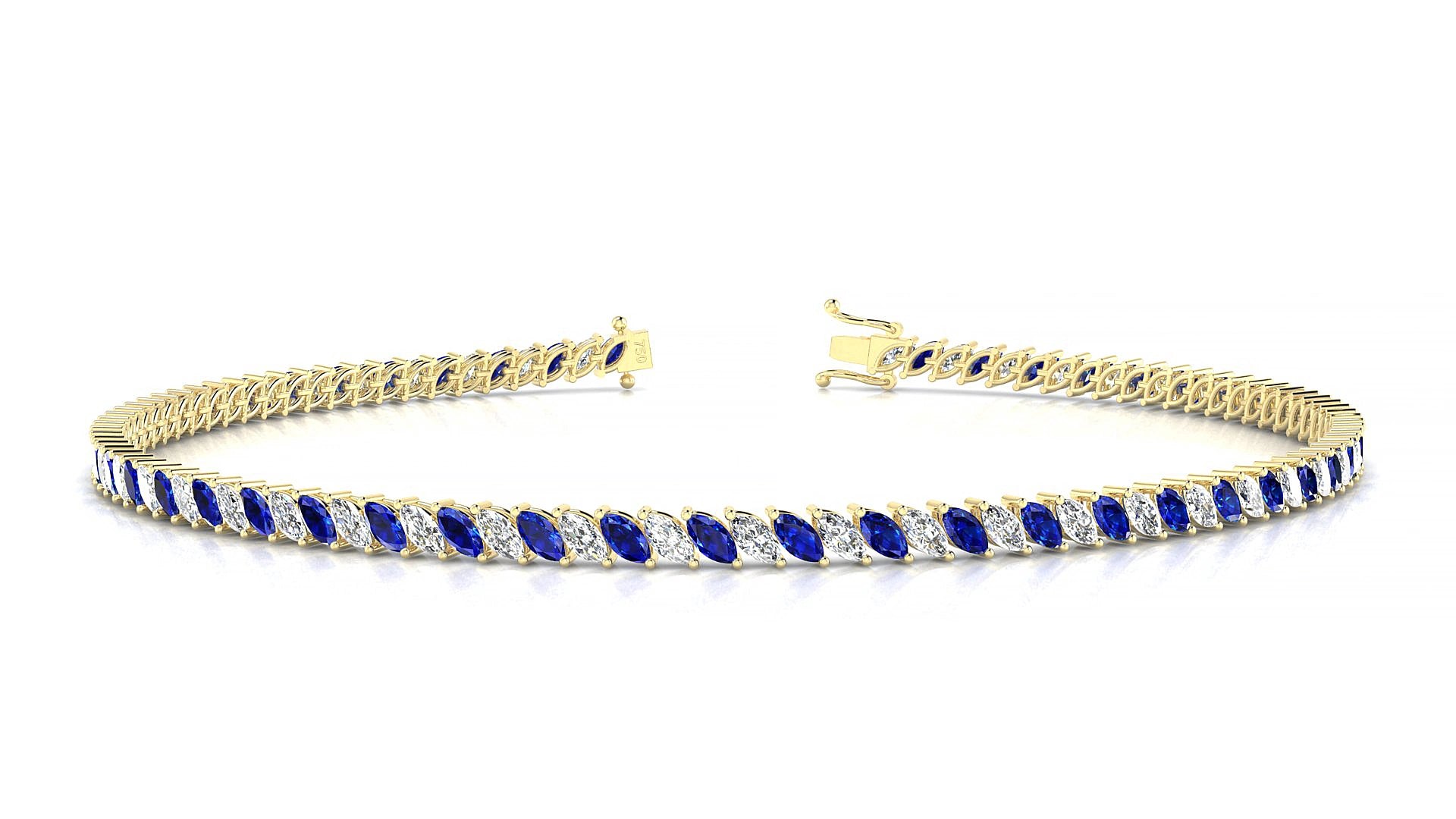 Venezia 1-1 | 18k Yellow Gold 3 x 1.5 mm Marquise Natural Sapphire & Diamond 16 cm Tennis Bracelet
