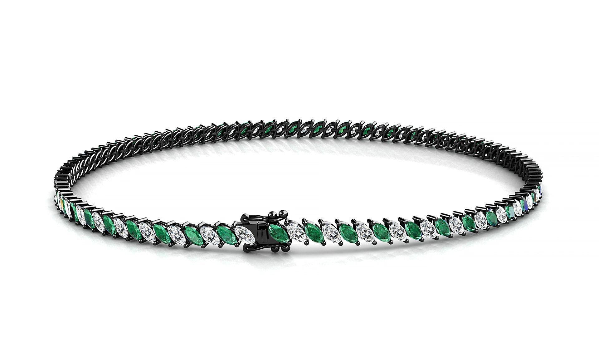 Venezia 1-1 | 18k Black Gold 3 x 1.5 mm Marquise Natural Emerald & Diamond 15 cm Tennis Bracelet