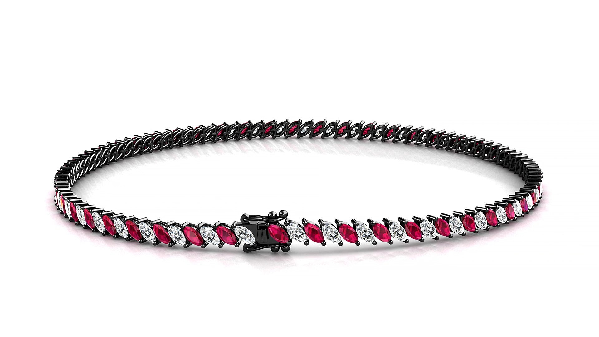Venezia 1-1 | 18k Black Gold 3 x 1.5 mm Marquise Natural Ruby & Diamond 16 cm Tennis Bracelet