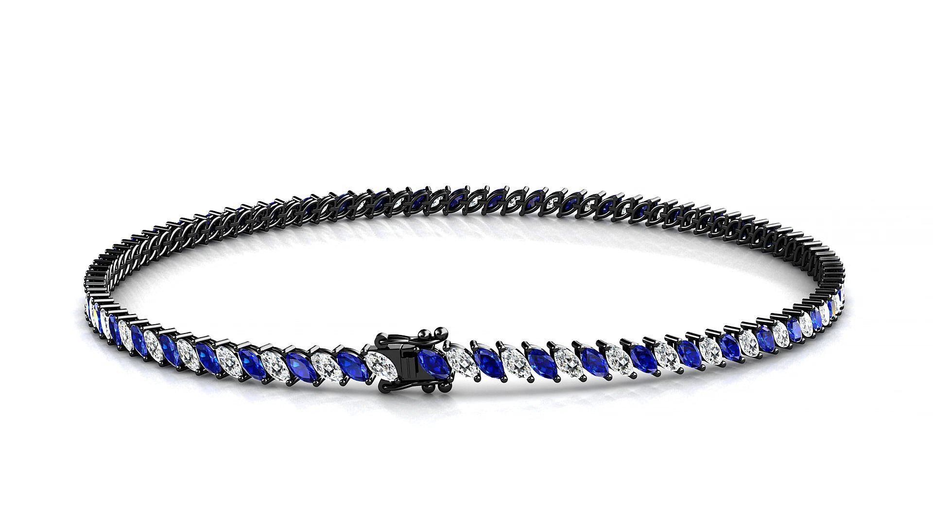 Venezia 1-1 | 18k Black Gold 3 x 1.5 mm Marquise Natural Sapphire & Diamond 16 cm Tennis Bracelet
