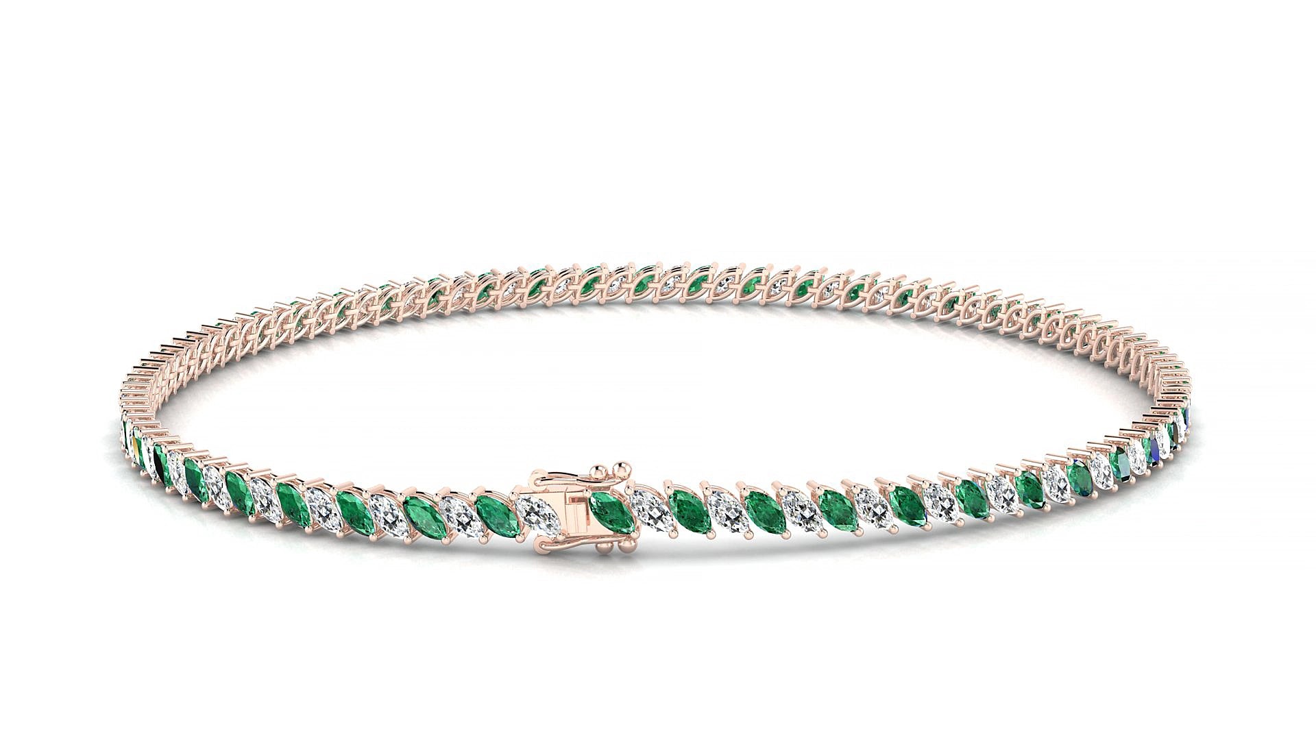 Venezia 1-1 | 18k Rose Gold 3 x 1.5 mm Marquise Natural Emerald & Diamond 15 cm Tennis Bracelet