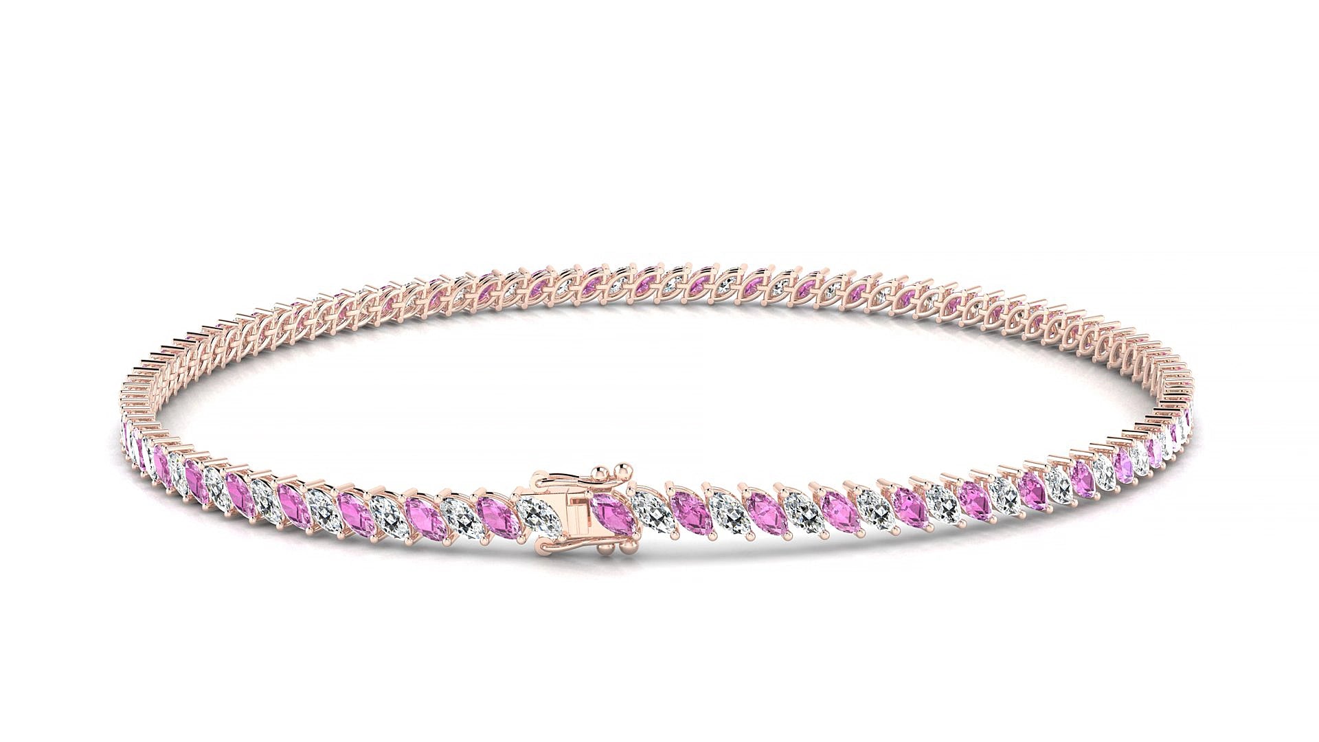 Venezia 1-1 | 18k Rose Gold 3 x 1.5 mm Marquise Natural Pink Sapphire & Diamond 16 cm Tennis Bracelet