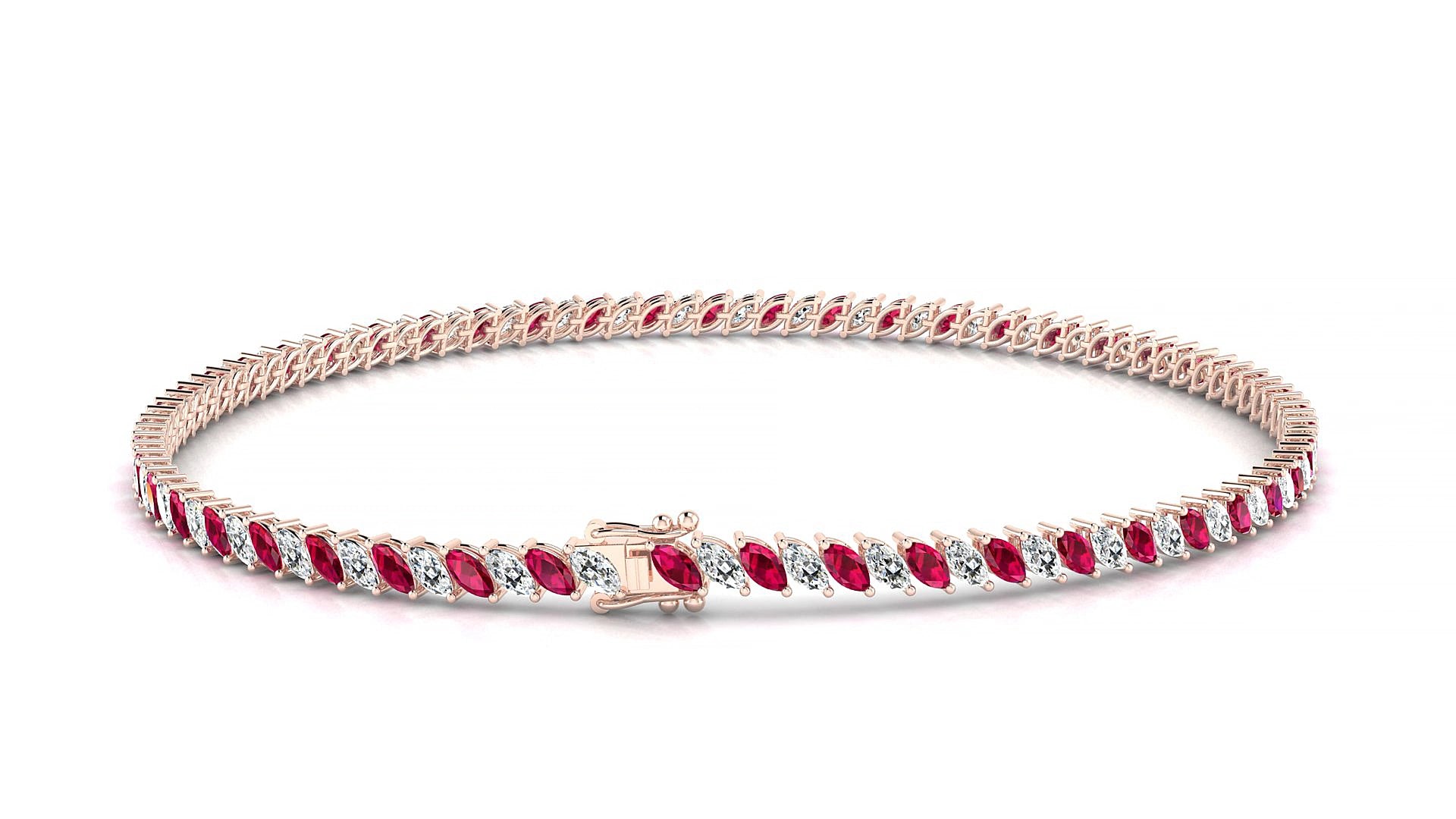 Venezia 1-1 | 18k Rose Gold 3 x 1.5 mm Marquise Natural Ruby & Diamond 15 cm Tennis Bracelet