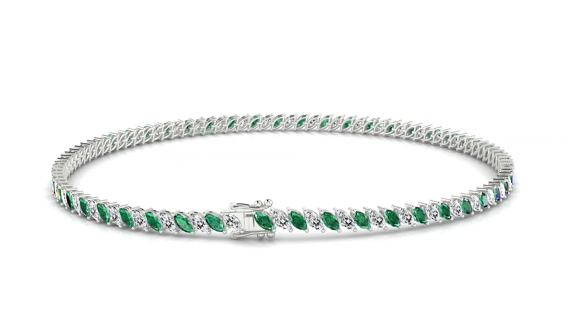 Venezia 1-1 | 18k White Gold 3 x 1.5 mm Marquise Natural Emerald & Diamond 15 cm Tennis Bracelet