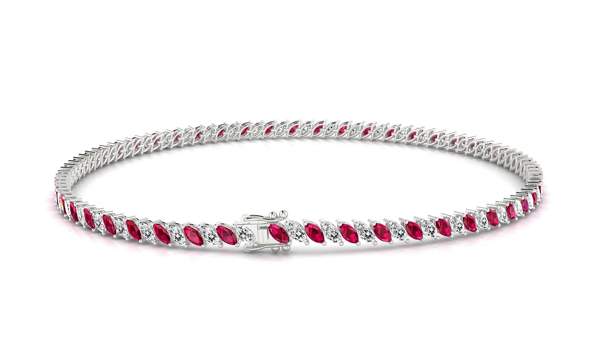 Venezia 1-1 | 18k White Gold 3 x 1.5 mm Marquise Natural Ruby & Diamond 15 cm Tennis Bracelet