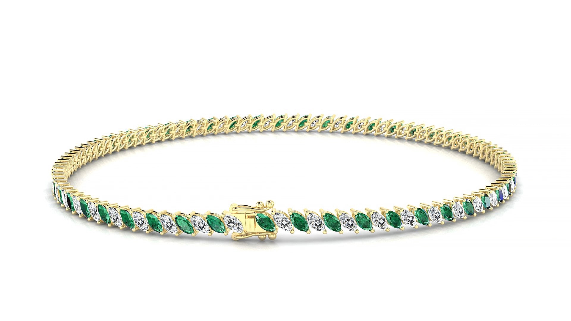 Venezia 1-1 | 18k Yellow Gold 3 x 1.5 mm Marquise Natural Emerald & Diamond 15 cm Tennis Bracelet