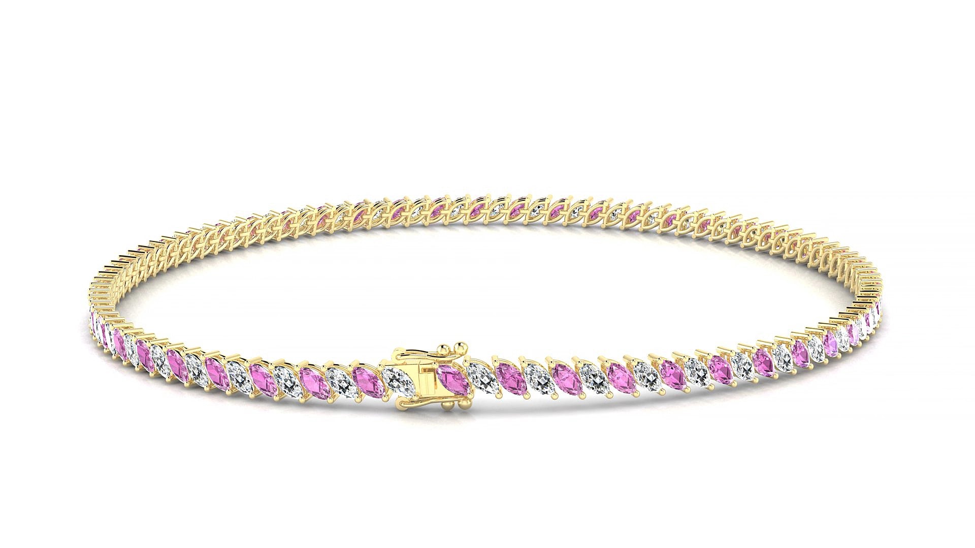 Venezia 1-1 | 18k Yellow Gold 3 x 1.5 mm Marquise Natural Pink Sapphire & Diamond 19 cm Tennis Bracelet