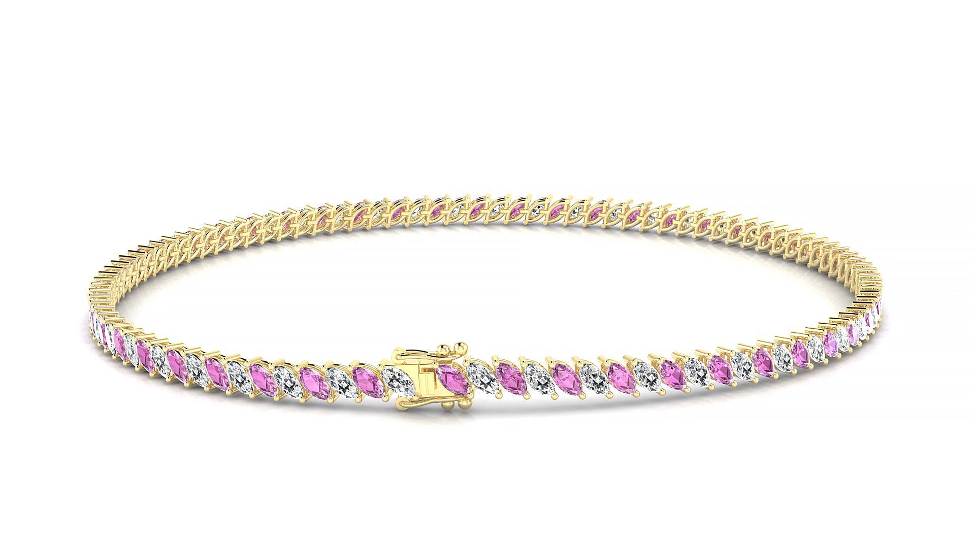 Venezia 1-1 | 18k Yellow Gold 3 x 1.5 mm Marquise Natural Pink Sapphire & Diamond Tennis Bracelet