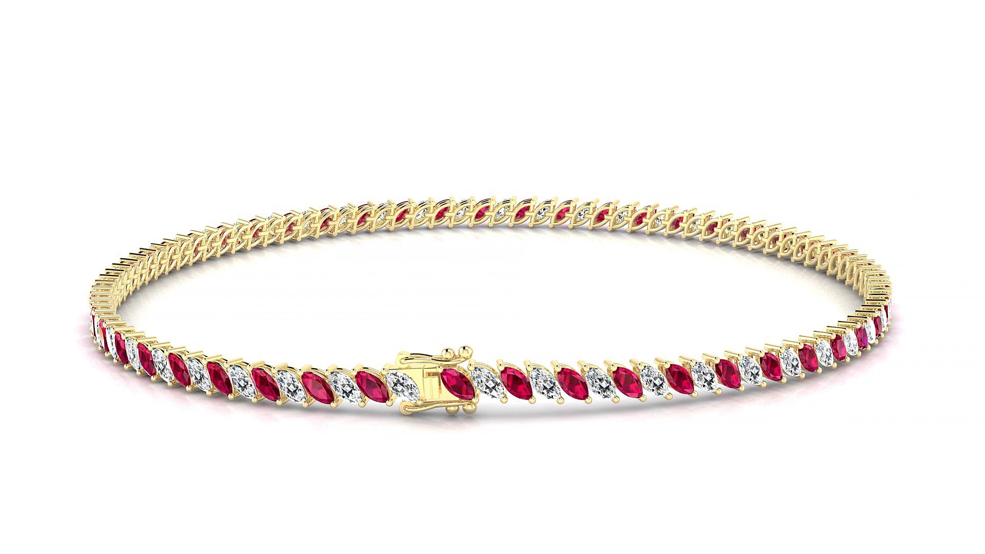 Venezia 1-1 | 18k Yellow Gold 3 x 1.5 mm Marquise Natural Ruby & Diamond 20 cm Tennis Bracelet