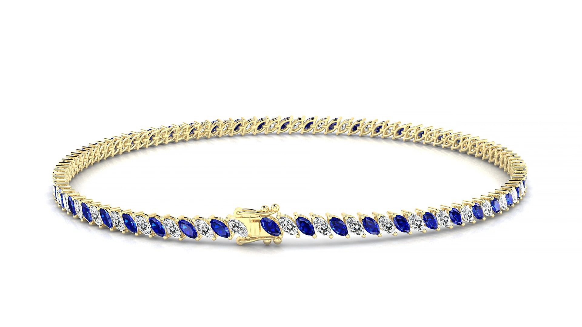 Venezia 1-1 | 18k Yellow Gold 3 x 1.5 mm Marquise Natural Sapphire & Diamond 15 cm Tennis Bracelet
