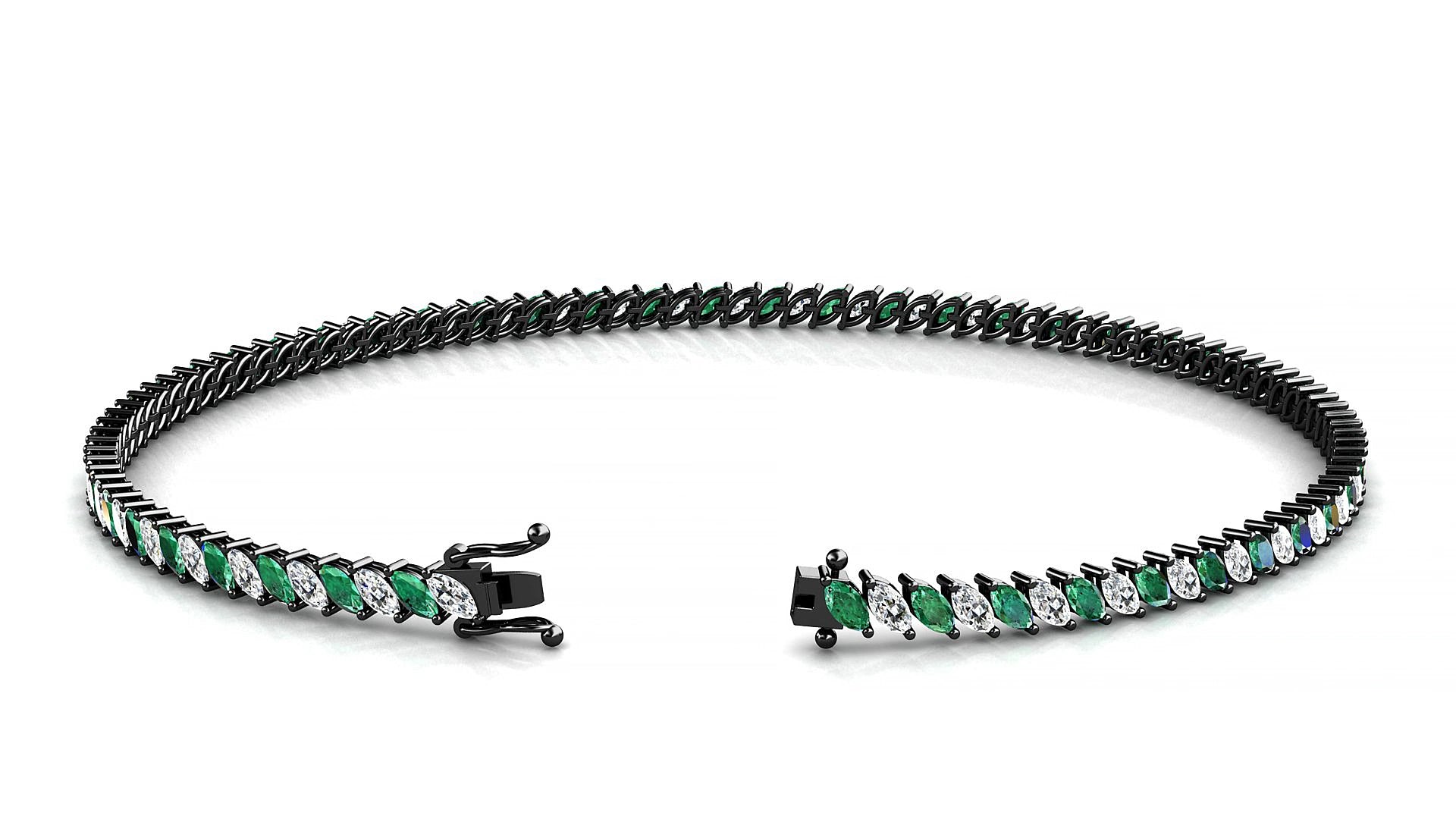 Venezia 1-1 | 18k Black Gold 3 x 1.5 mm Marquise Natural Emerald & Diamond 15 cm Tennis Bracelet