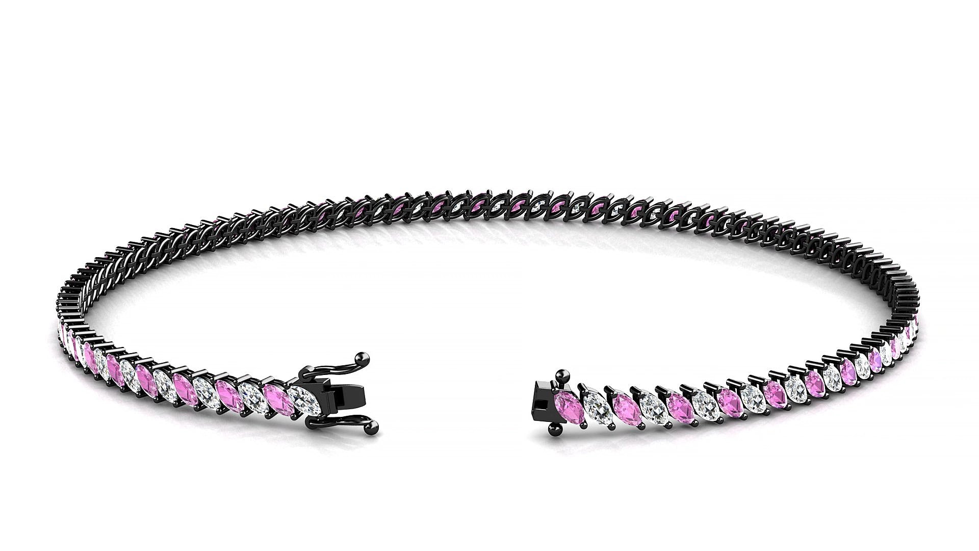 Venezia 1-1 | 18k Black Gold 3 x 1.5 mm Marquise Natural Pink Sapphire & Diamond 15 cm Tennis Bracelet