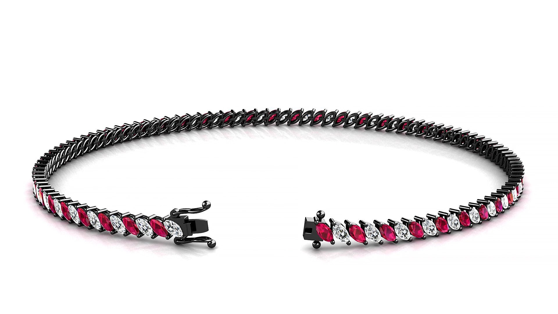 Venezia 1-1 | 18k Black Gold 3 x 1.5 mm Marquise Natural Ruby & Diamond 16 cm Tennis Bracelet