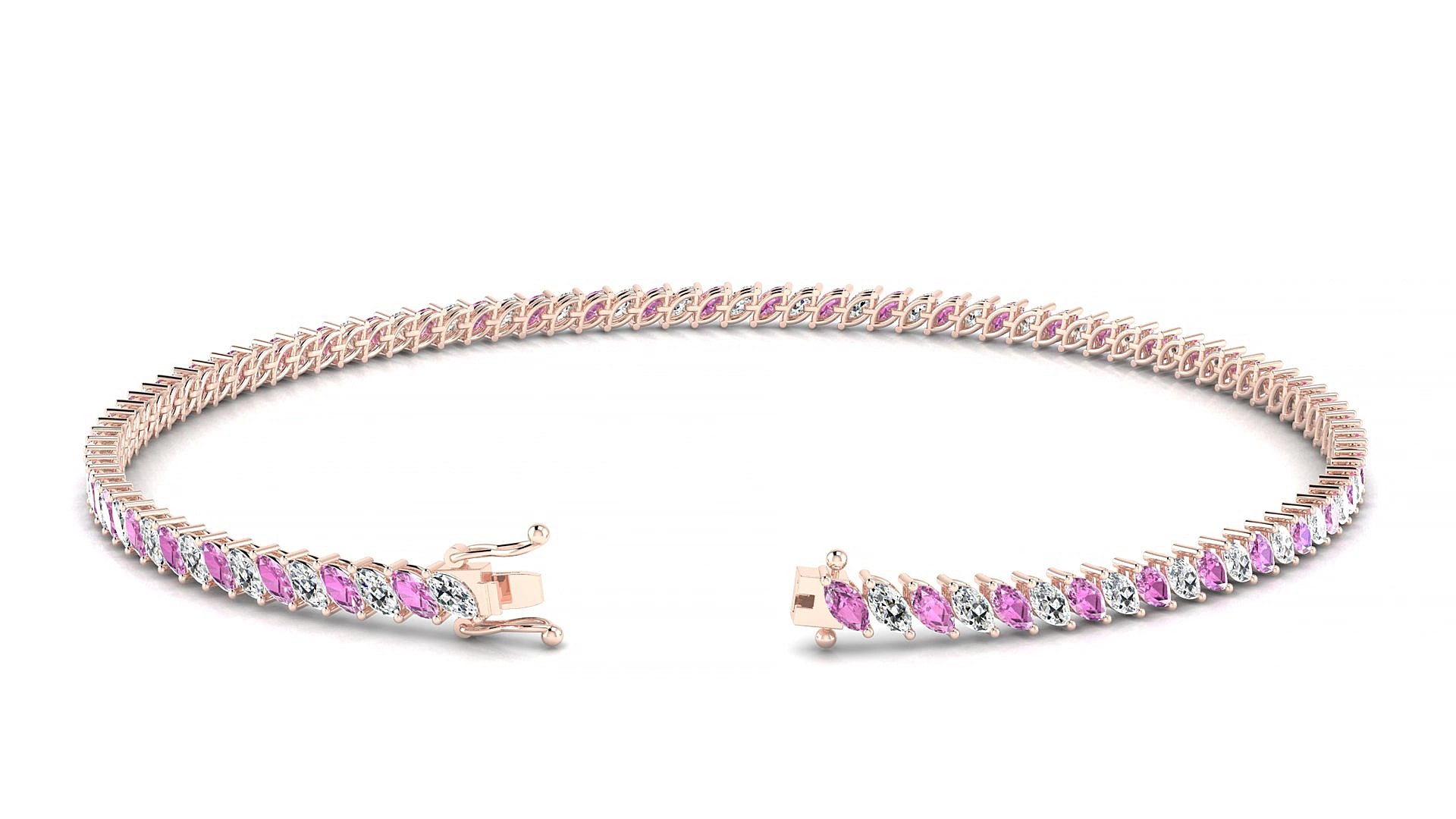 Venezia 1-1 | 18k Rose Gold 3 x 1.5 mm Marquise Natural Pink Sapphire & Diamond 17 cm Tennis Bracelet
