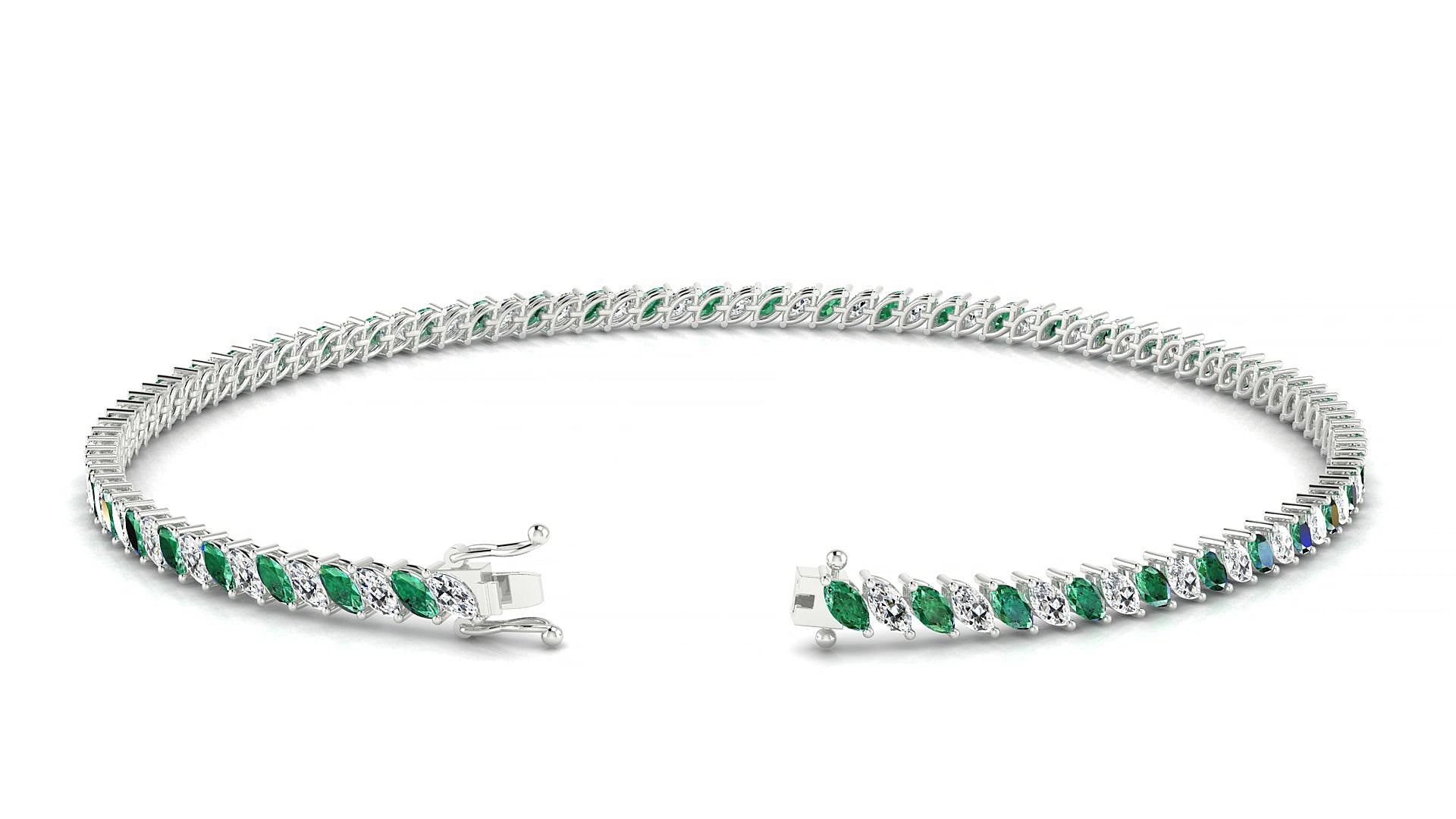 Venezia 1-1 | 18k White Gold 3 x 1.5 mm Marquise Natural Emerald & Diamond 15 cm Tennis Bracelet
