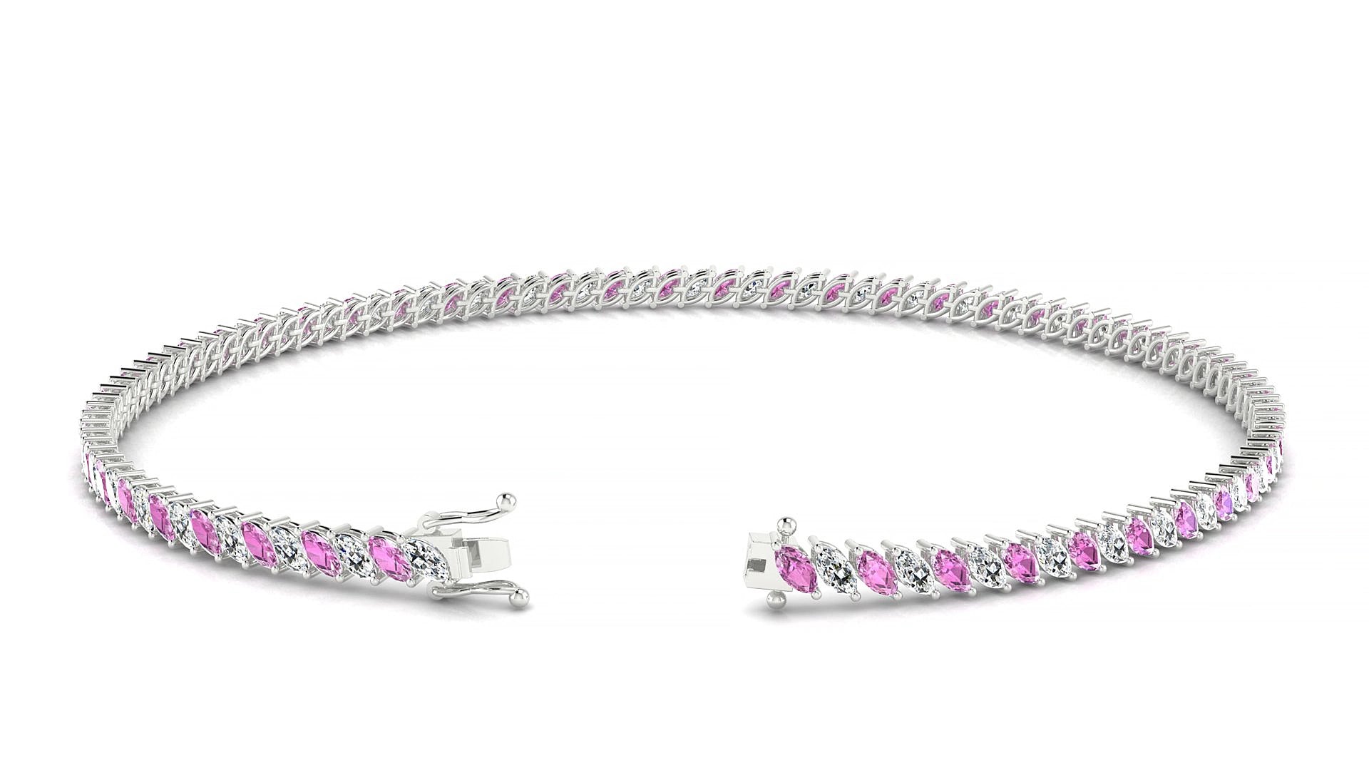 Venezia 1-1 | 18k White Gold 3 x 1.5 mm Marquise Natural Pink Sapphire & Diamond 17 cm Tennis Bracelet