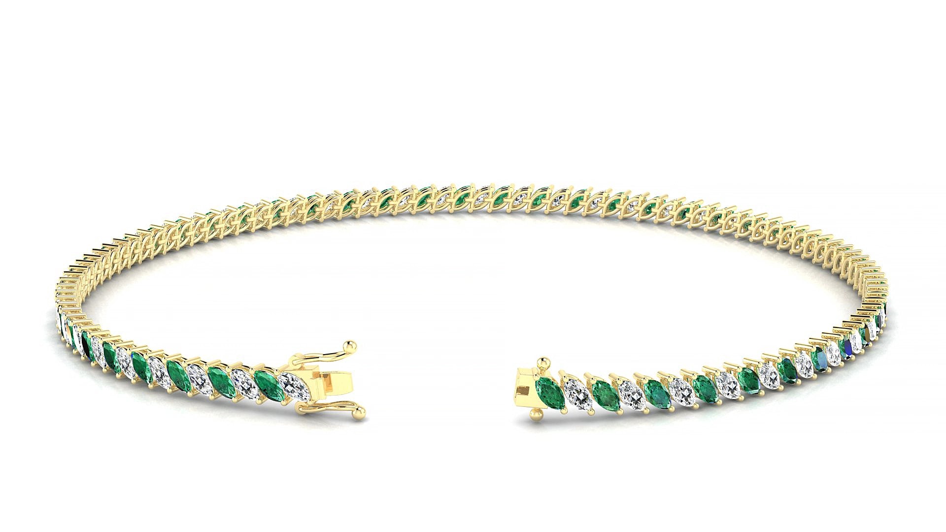 Venezia 1-1 | 18k Yellow Gold 3 x 1.5 mm Marquise Natural Emerald & Diamond 17 cm Tennis Bracelet