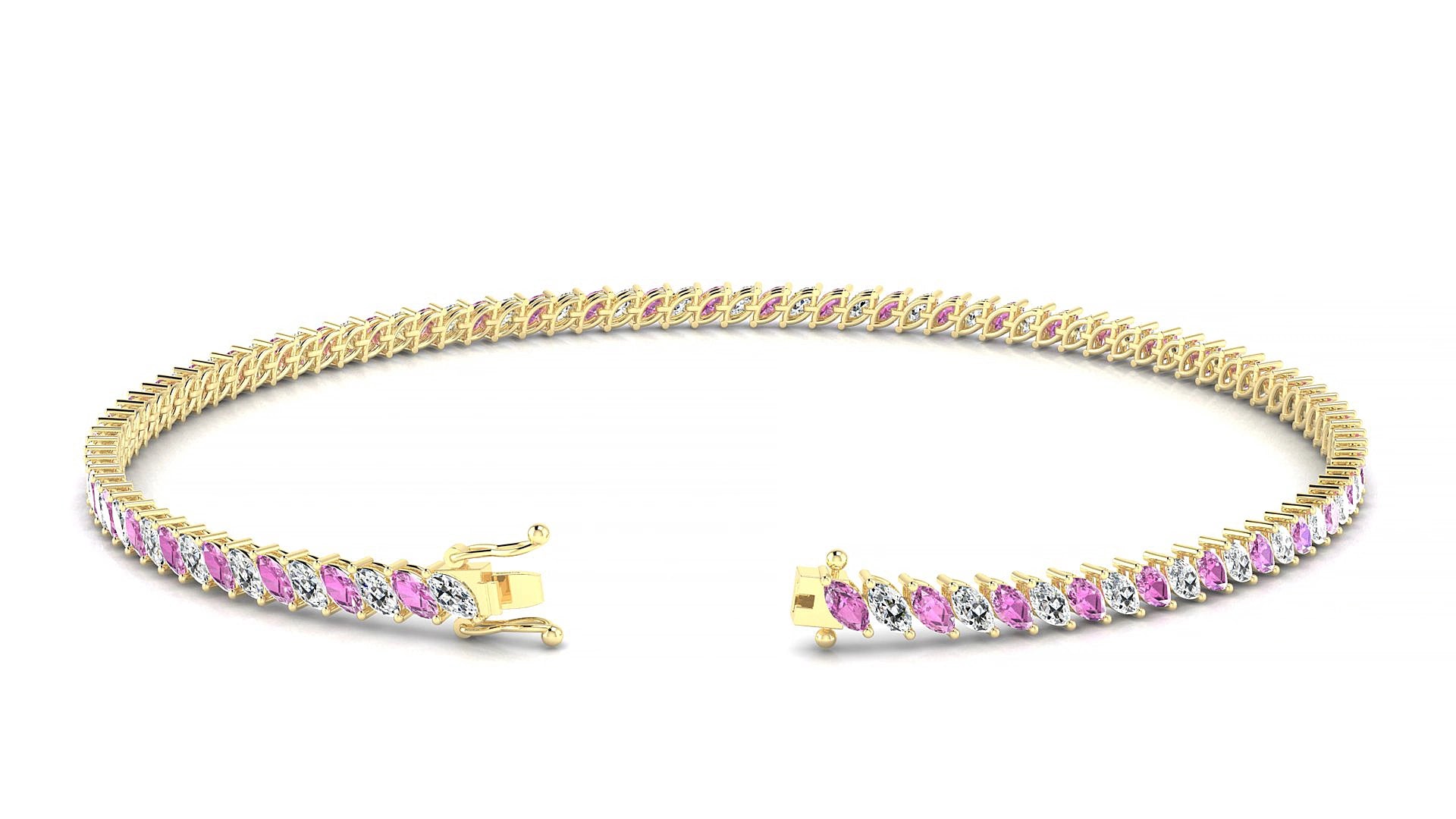 Venezia 1-1 | 18k Yellow Gold 3 x 1.5 mm Marquise Natural Pink Sapphire & Diamond 16 cm Tennis Bracelet